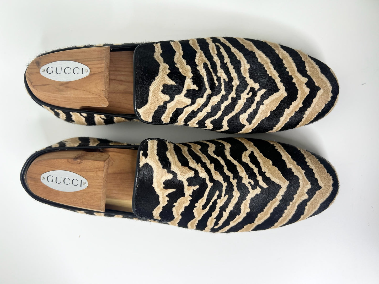 Gucci Pony Hair Black & Tan Zebra Print Loafers, Size 7