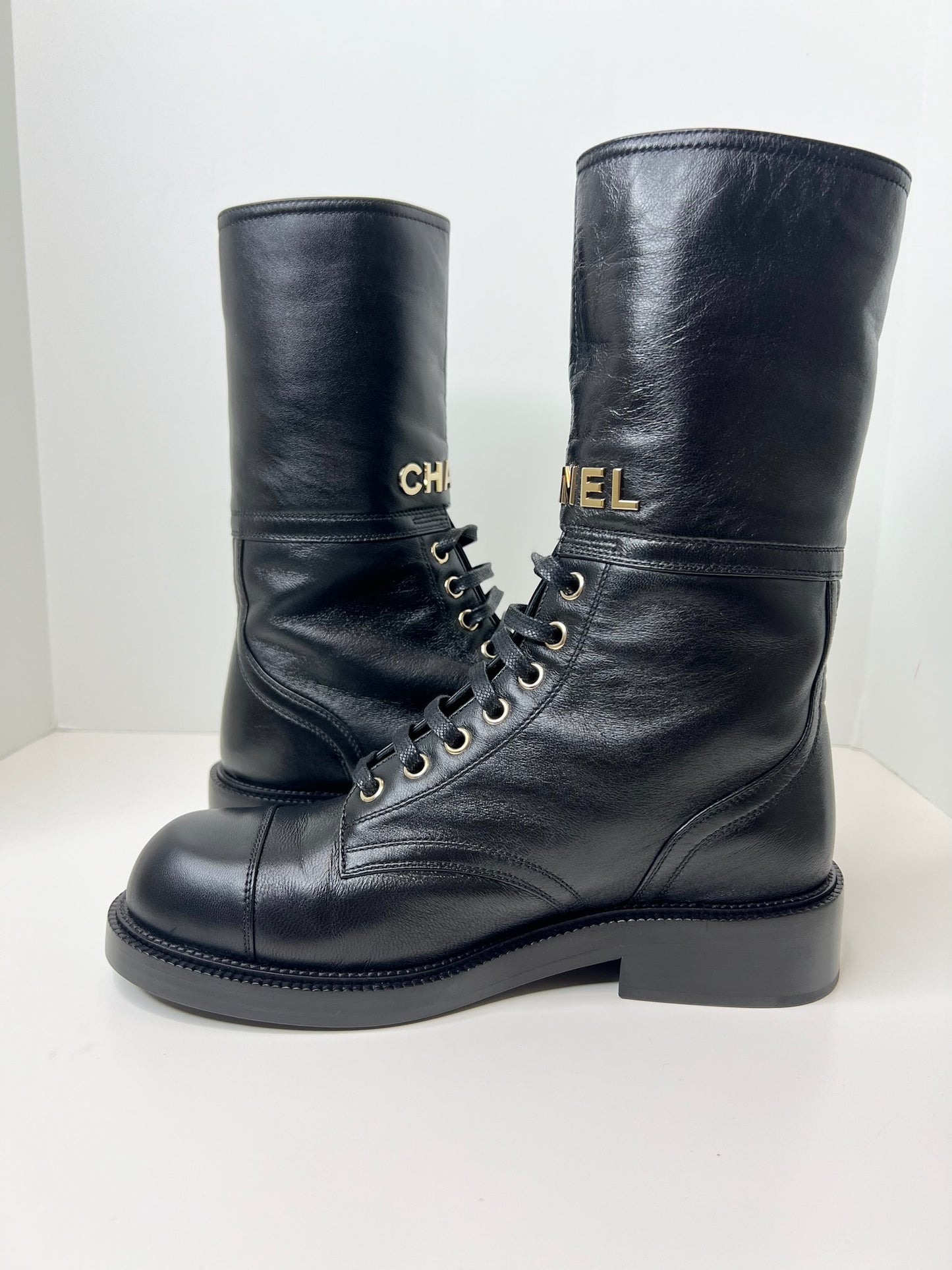 NWT! Chanel Lambskin Calfskin Lace Up Combat Boots, Black, Size 37.5