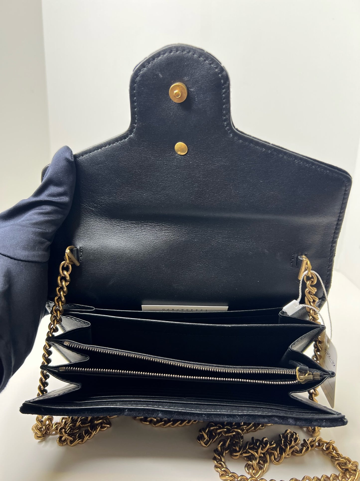 Gucci GG Marmot Black Velvet Wallet on Chain