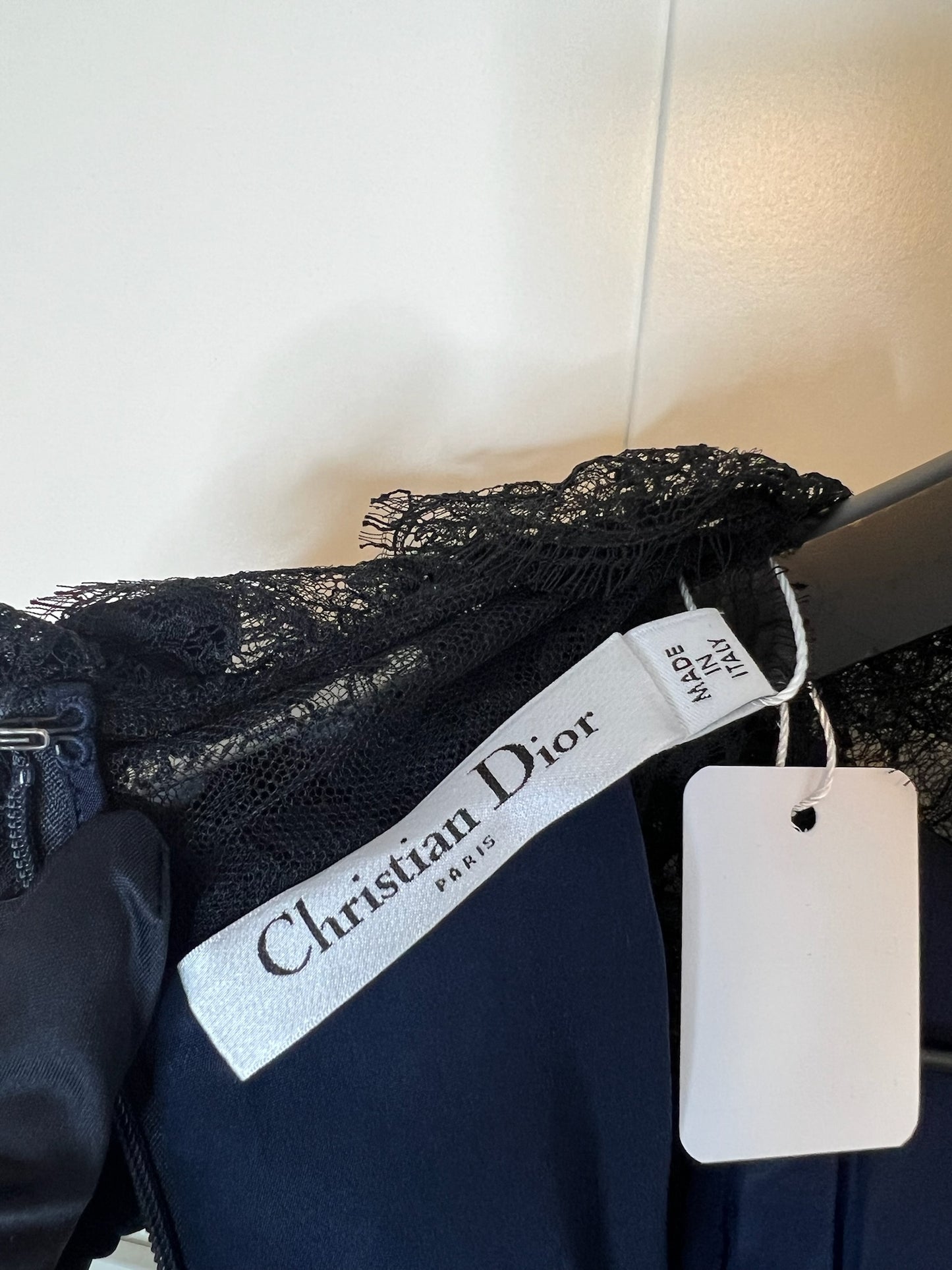 Christian Dior Navy Velvet Dress w/ Black Lace, Size 44