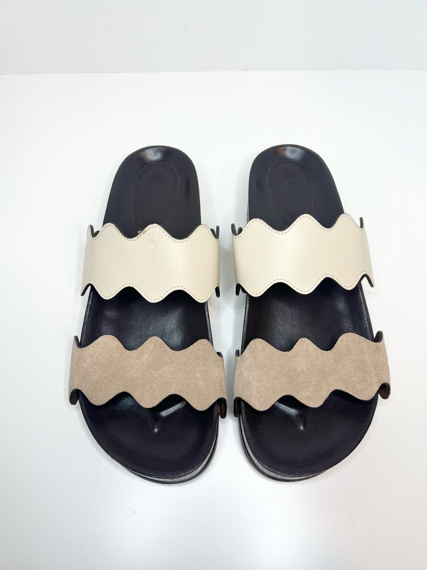 Chloe Lauren Scalloped Leather and Suede Slides, Size 39