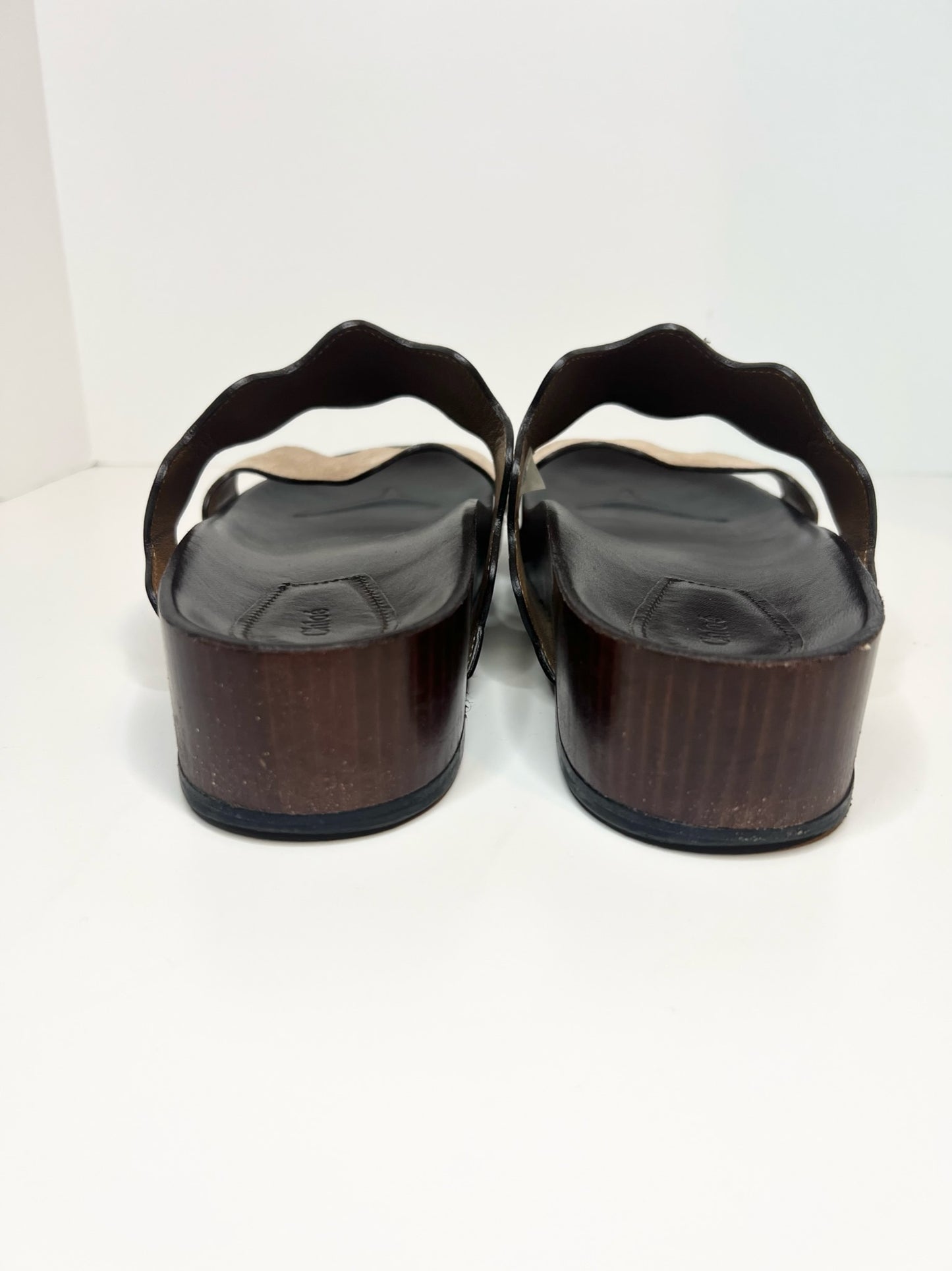 Chloe Lauren Scalloped Leather and Suede Slides, Size 39