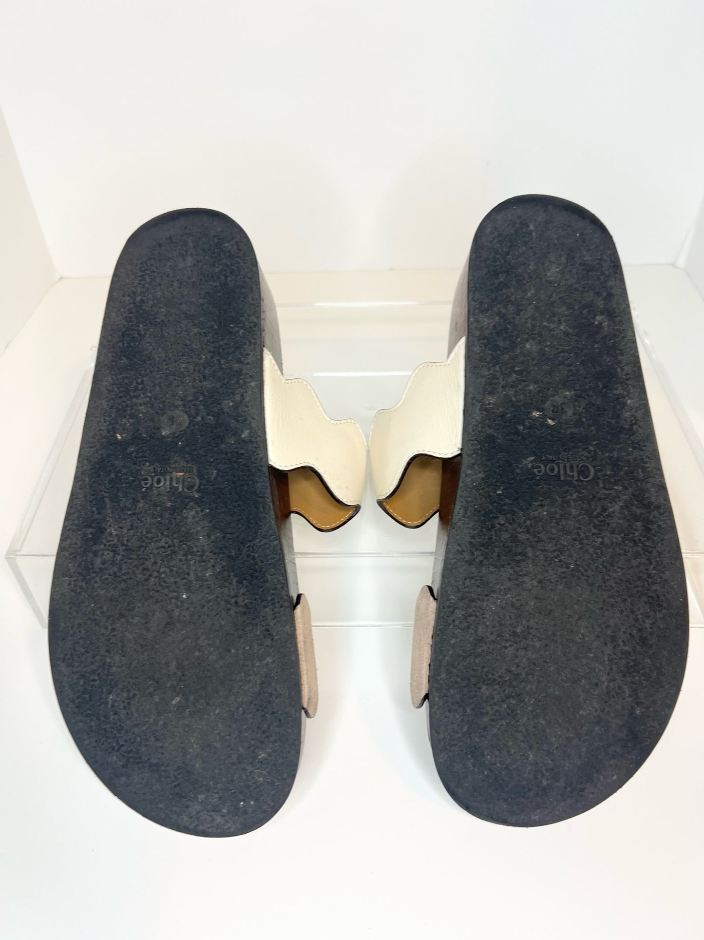 Chloe Lauren Scalloped Leather and Suede Slides, Size 39