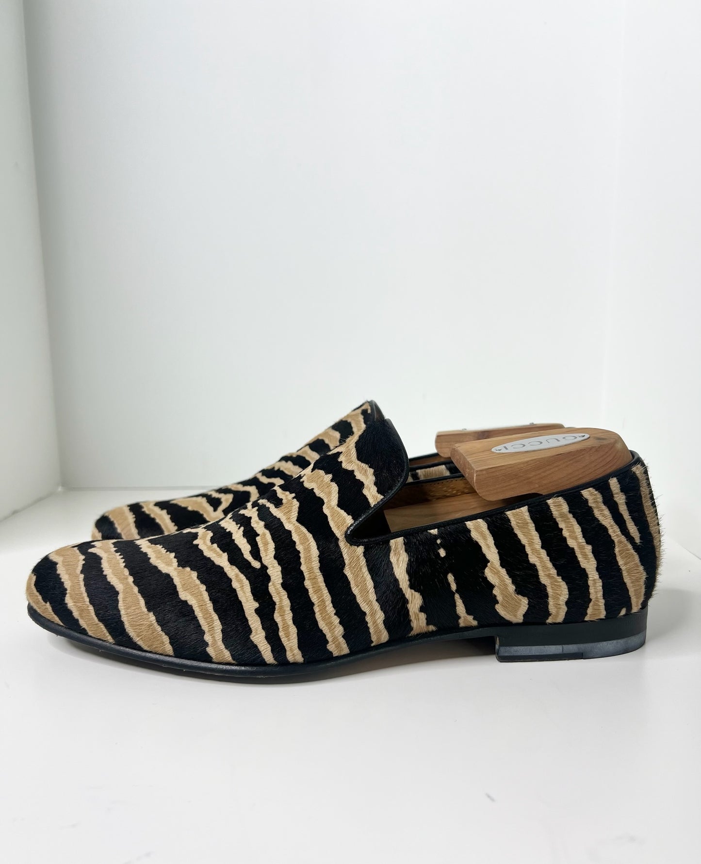 Gucci Pony Hair Black & Tan Zebra Print Loafers, Size 7