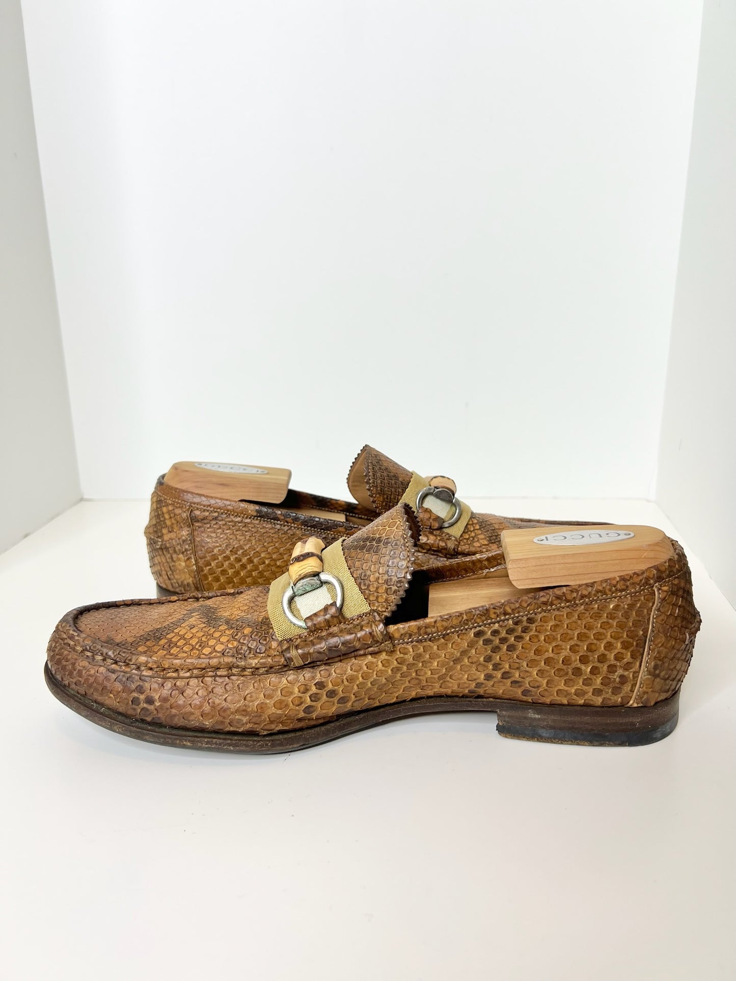 Gucci Python Loafers w/ Bamboo Hardware Accent, Size 7