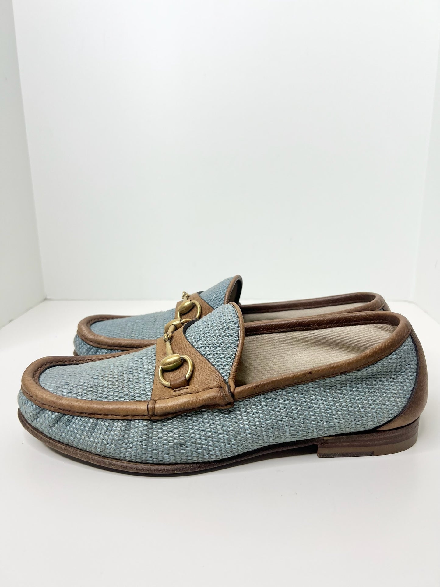 Gucci Horsebit Raffia Blue Loafers, Size 7