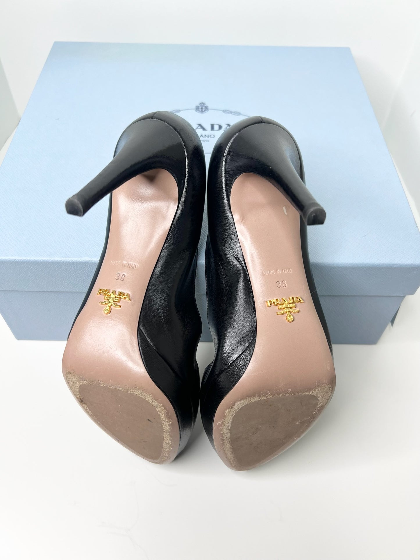 Prada Black Leather Platform Pumps, Size 38