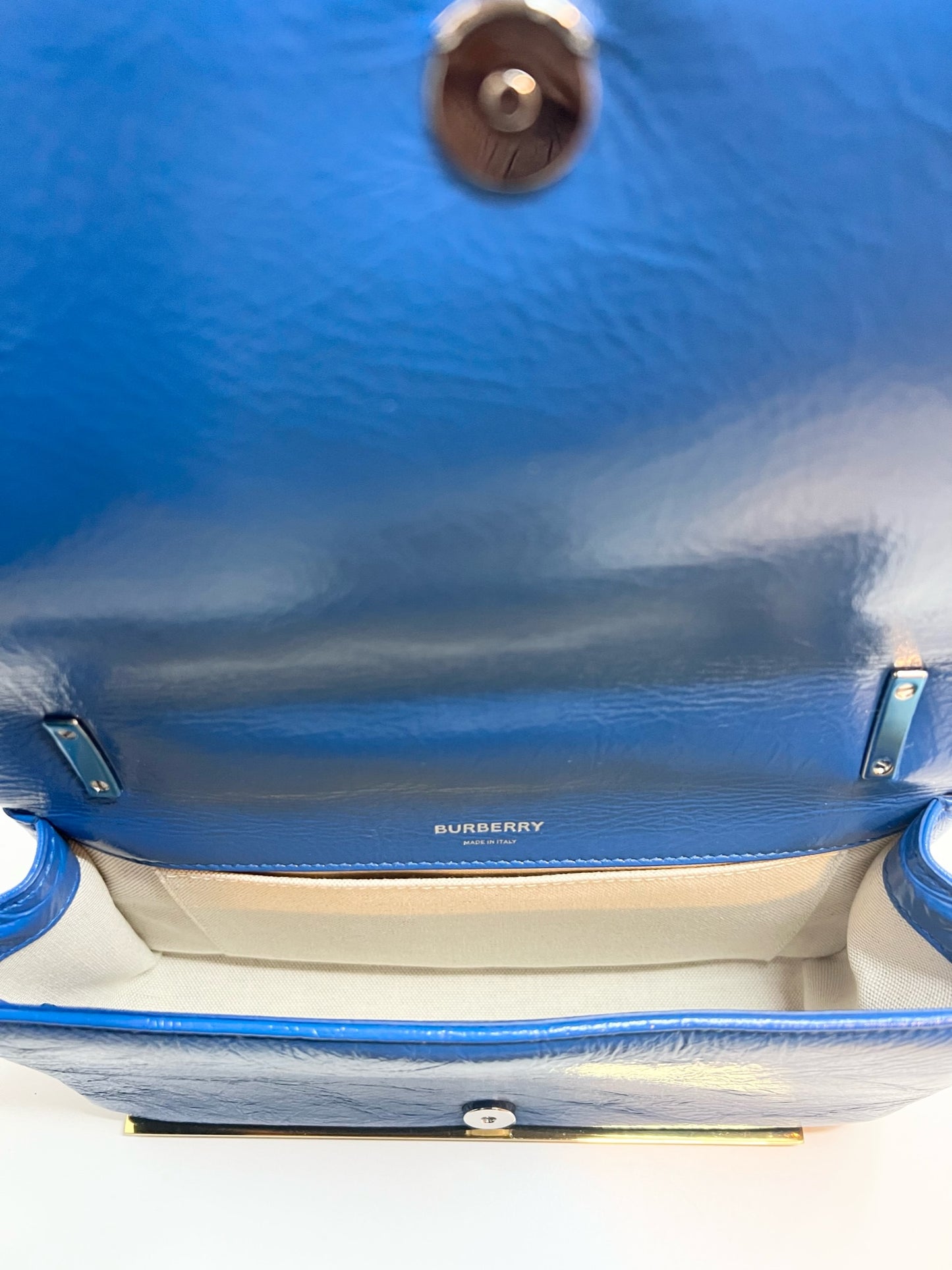 Burberry Patent Resin Chain Small Lola Bag in Blue