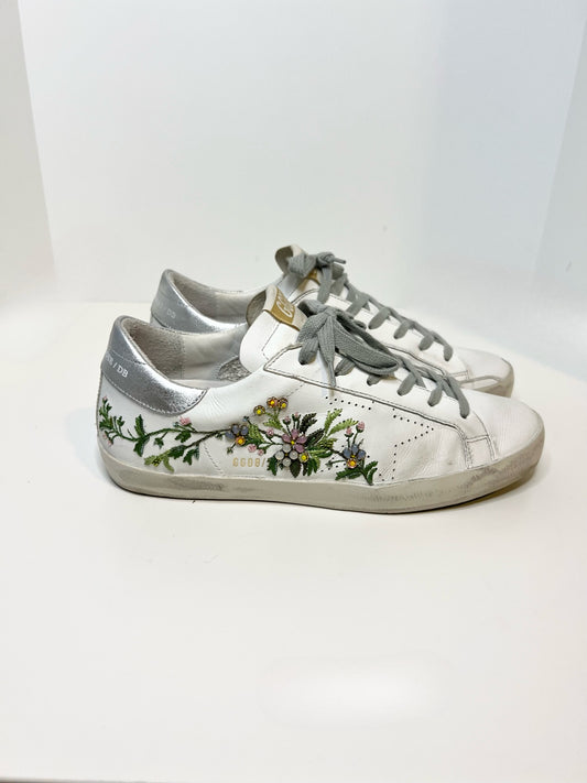 Golden Goose White Flowers Embroidered Superstar Sneakers, Size 39