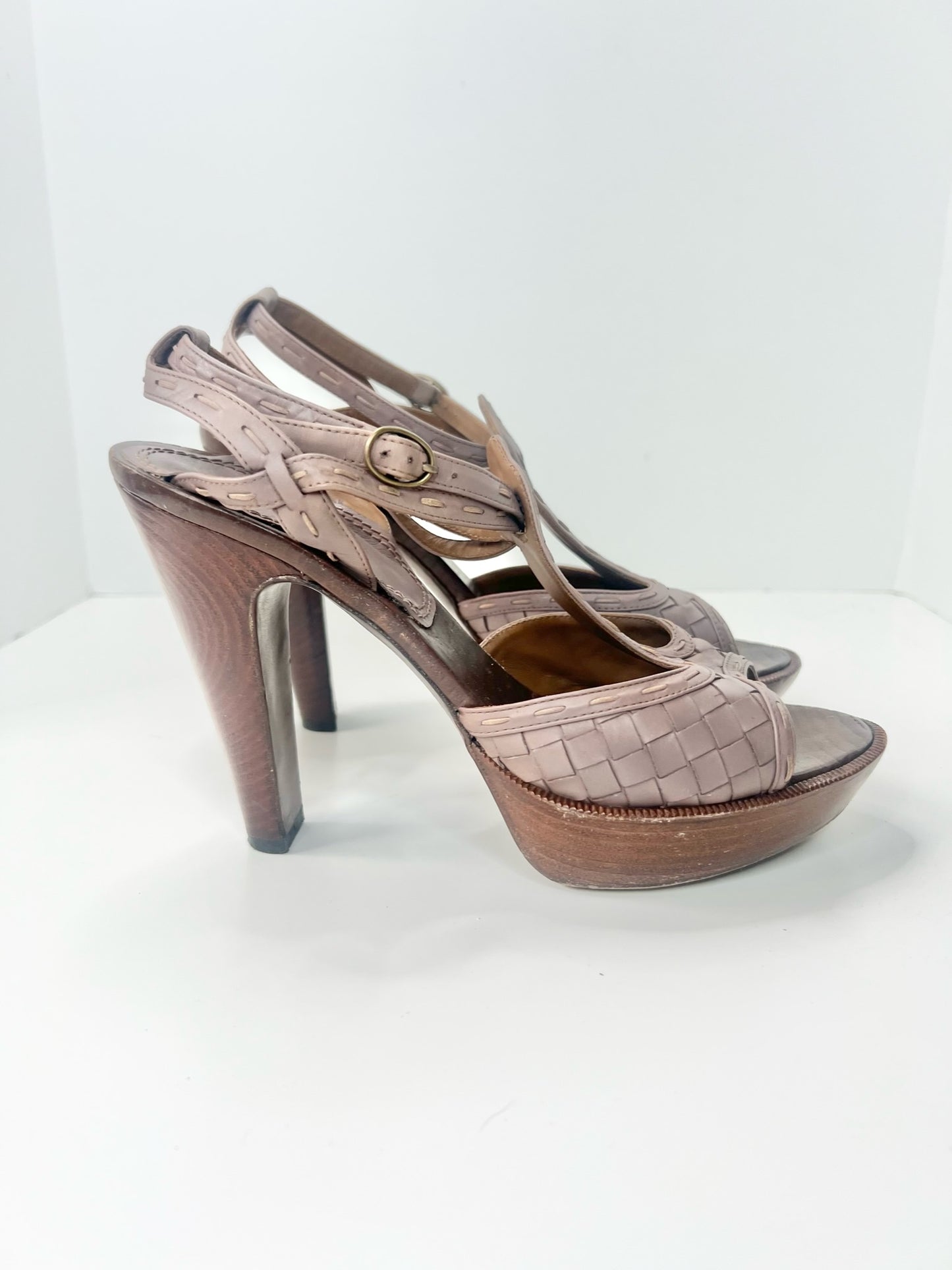 Bottega Veneta Intrecciato Leather Ankle Strap Platform Sandals, Size 38