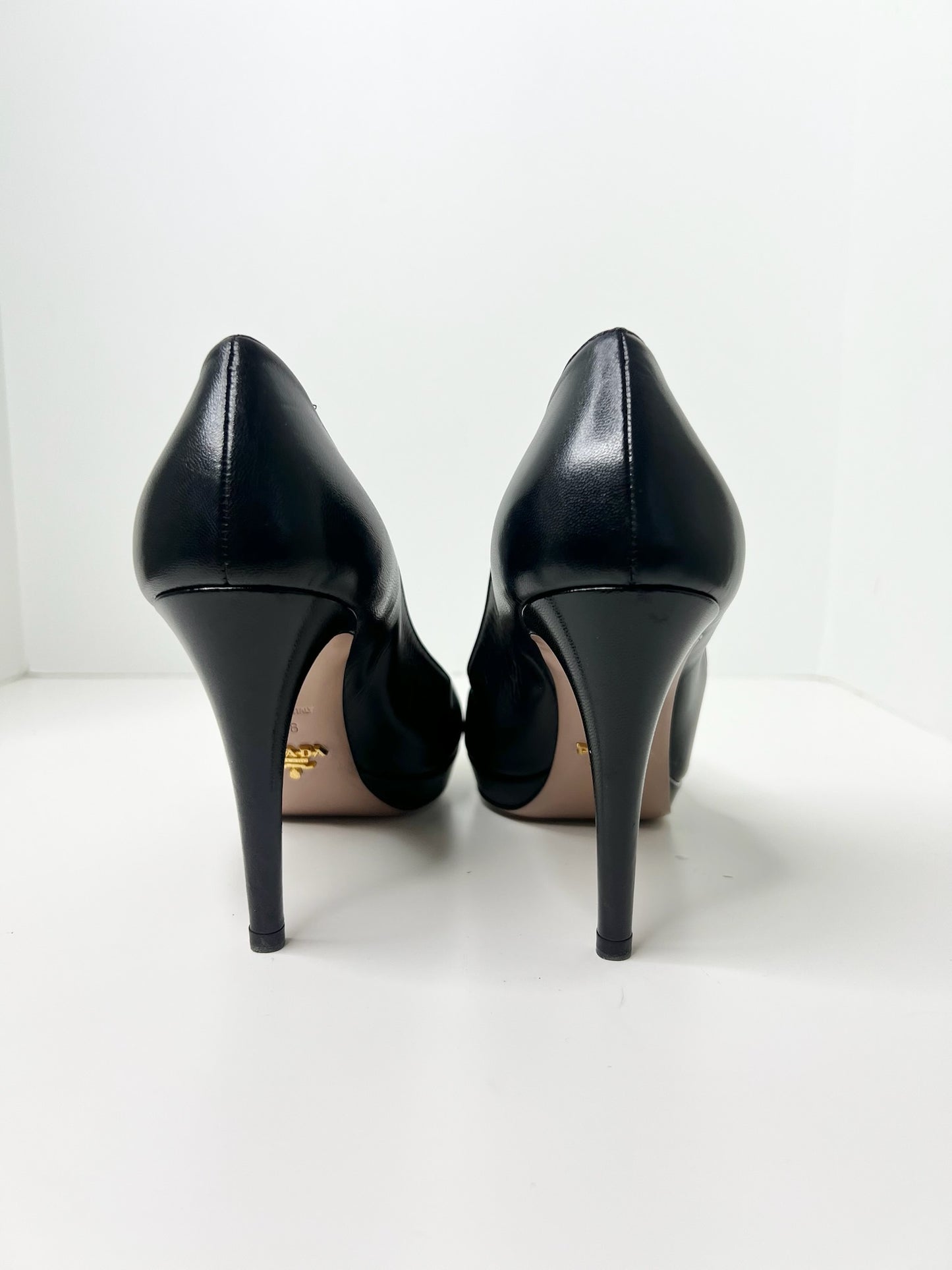 Prada Black Leather Platform Pumps, Size 38