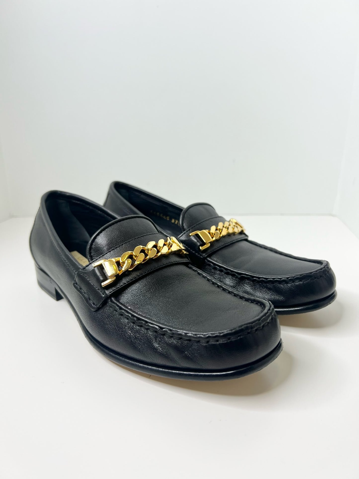 Gucci Sylvie Black Leather Loafers with Gold Chain, Size 37.5