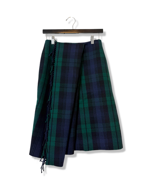 Balenciaga Navy & Green Tartan Wool Kilt Skirt, Size 36