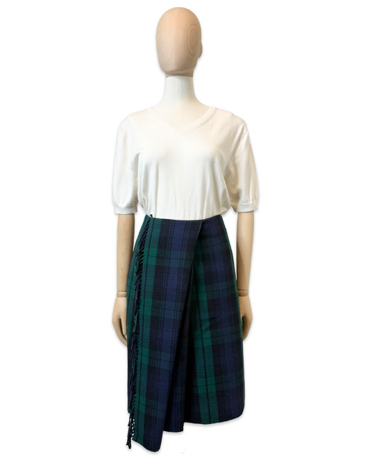 Balenciaga Navy & Green Tartan Wool Kilt Skirt, Size 36