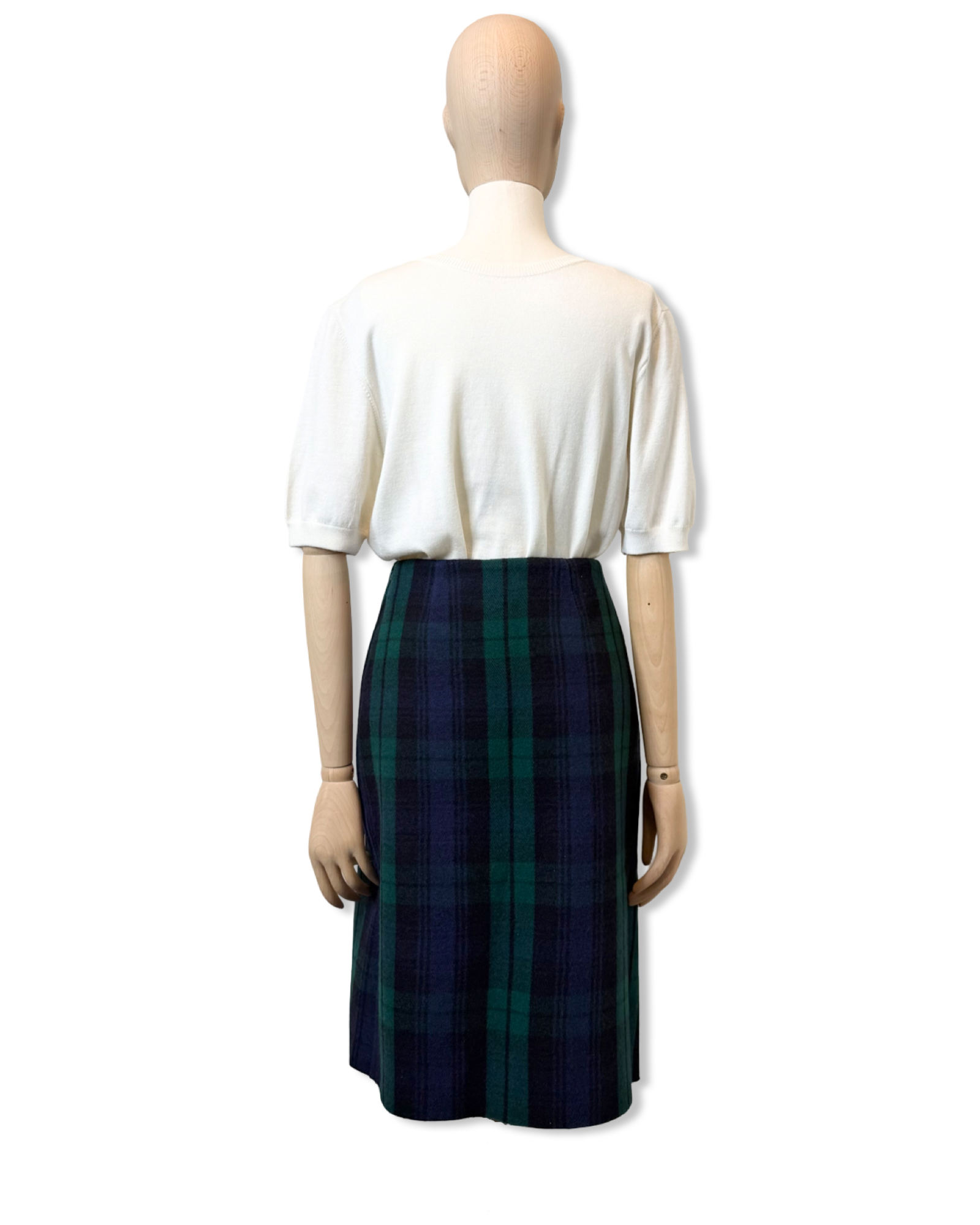 Balenciaga Navy & Green Tartan Wool Kilt Skirt, Size 36