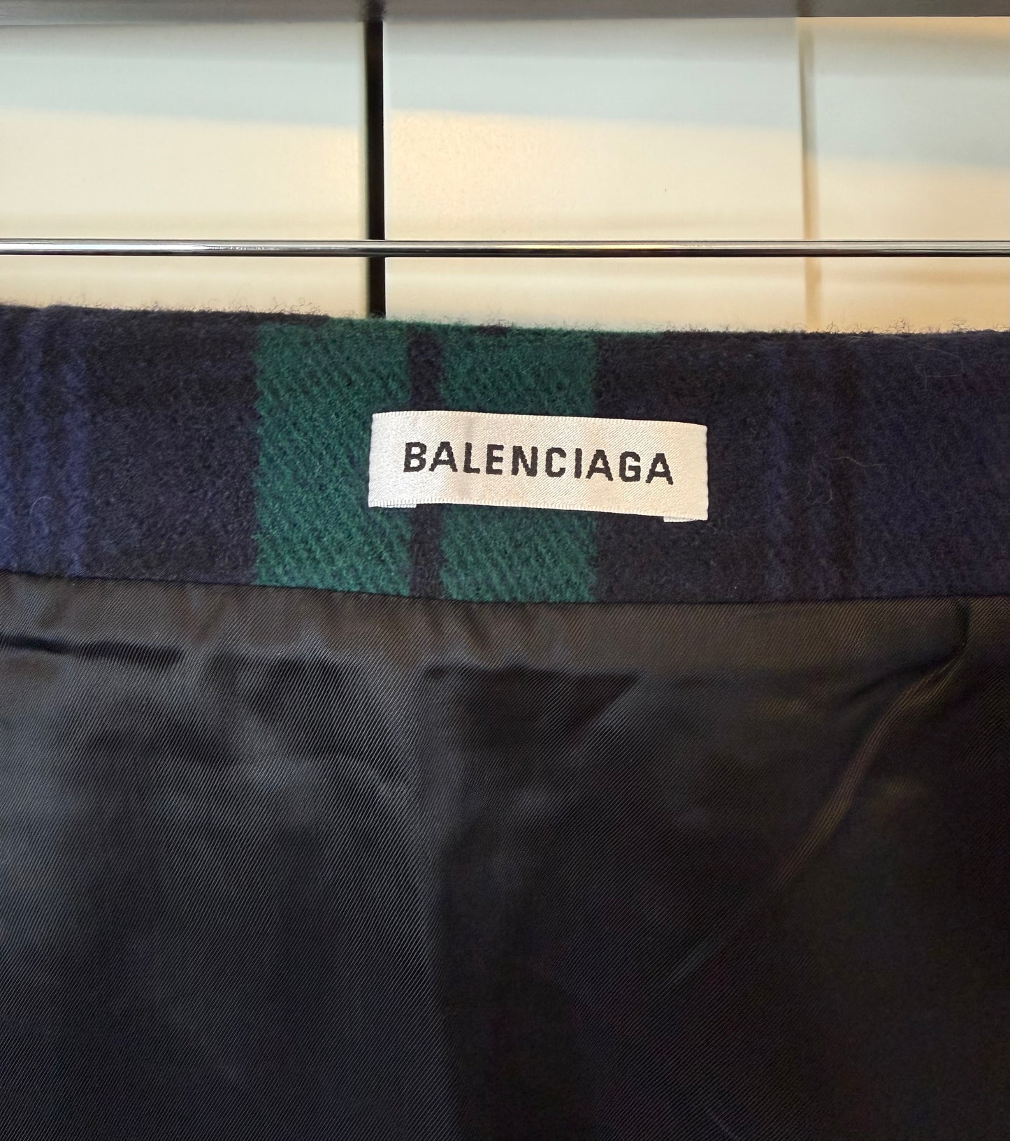 Balenciaga Navy & Green Tartan Wool Kilt Skirt, Size 36