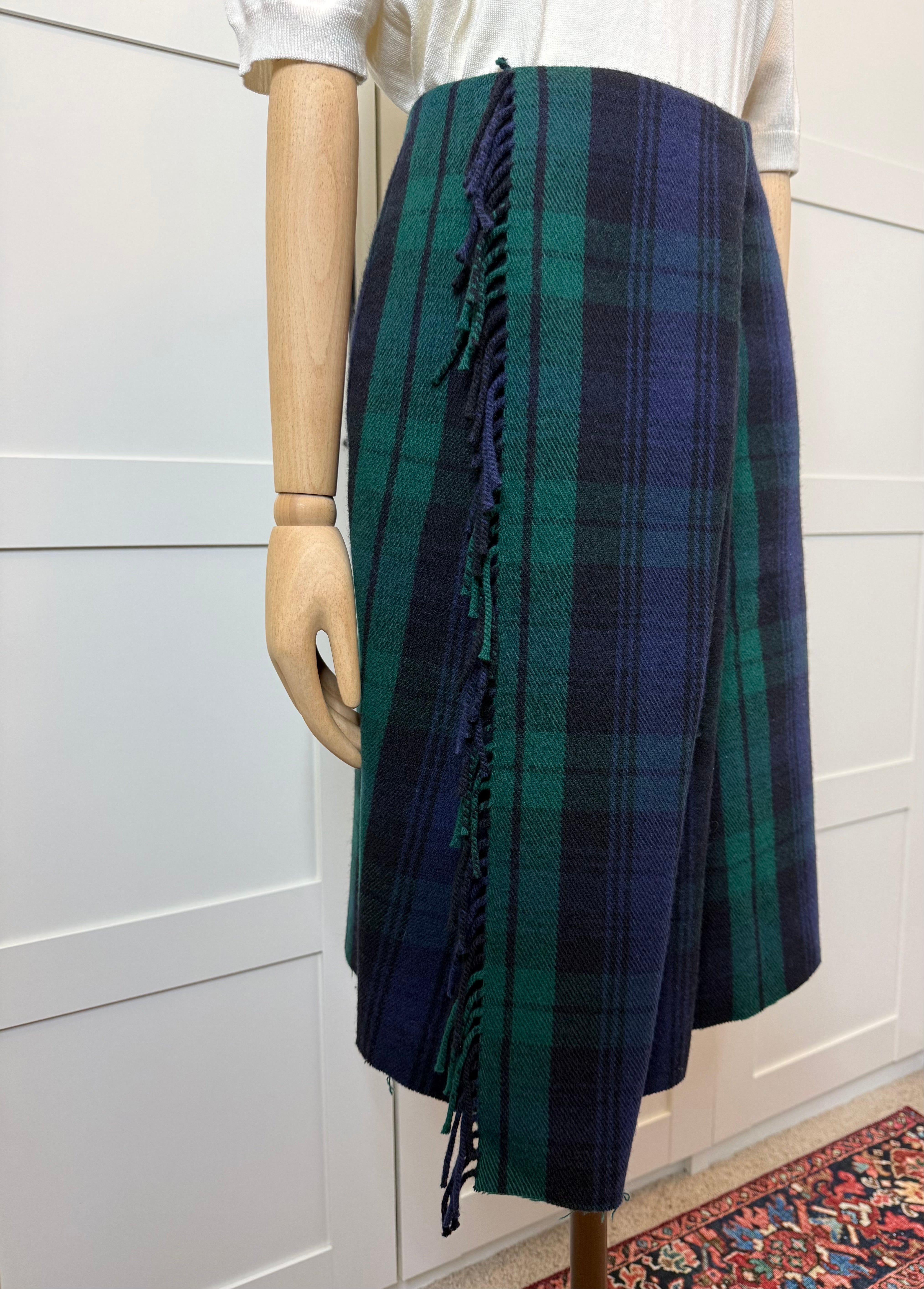 Balenciaga Navy & Green Tartan Wool Kilt Skirt, Size 36