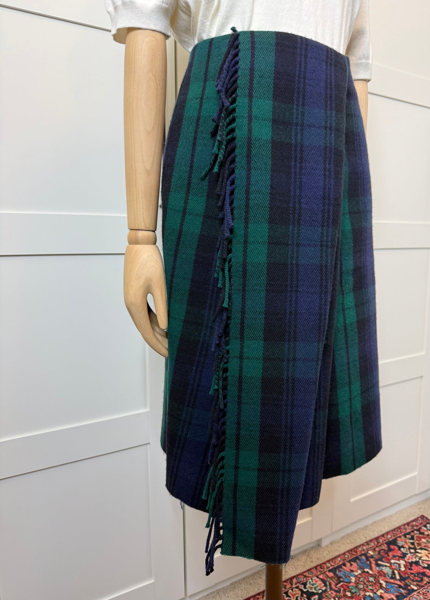 Balenciaga Navy & Green Tartan Wool Kilt Skirt, Size 36