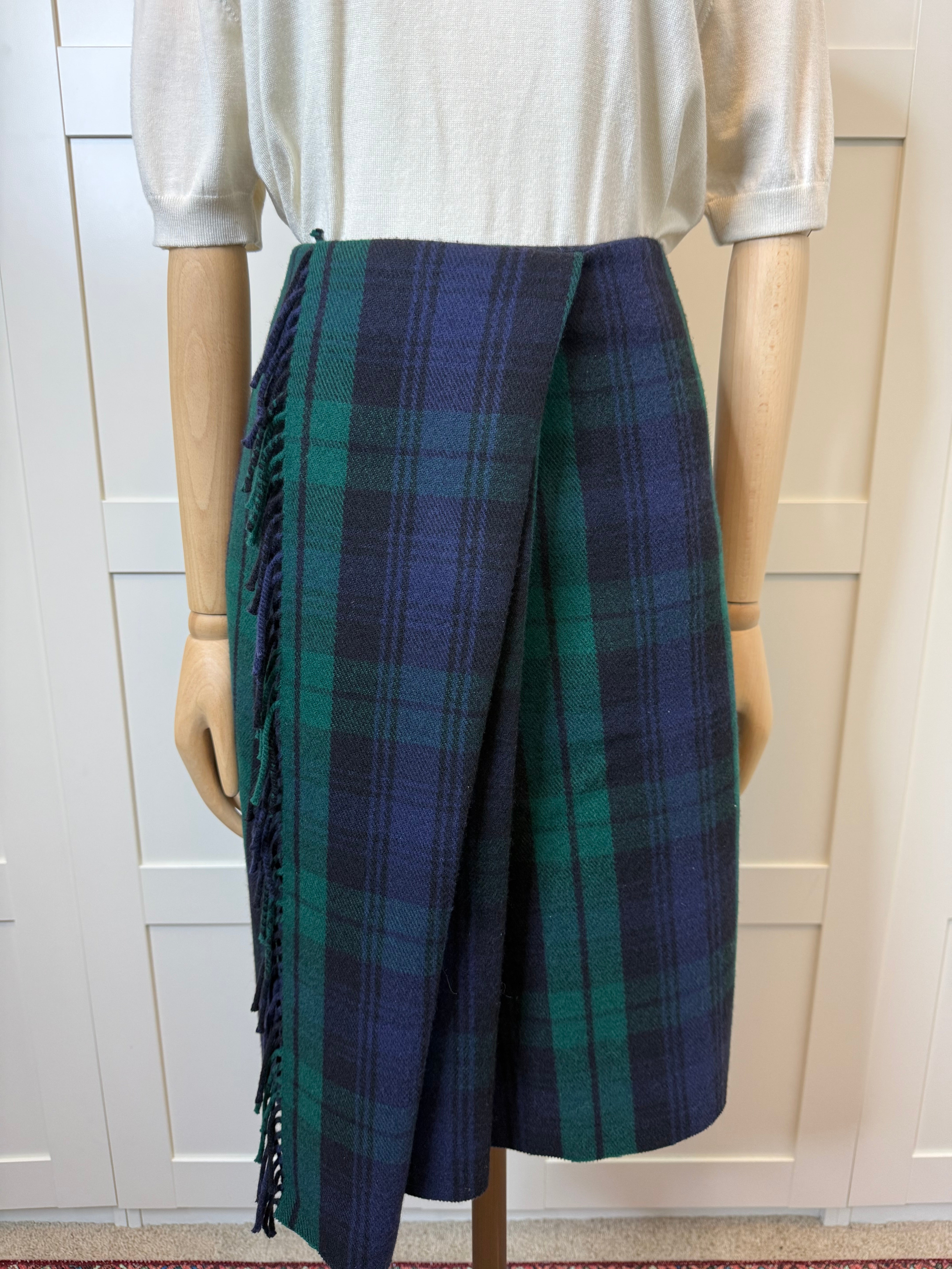 Balenciaga Navy & Green Tartan Wool Kilt Skirt, Size 36