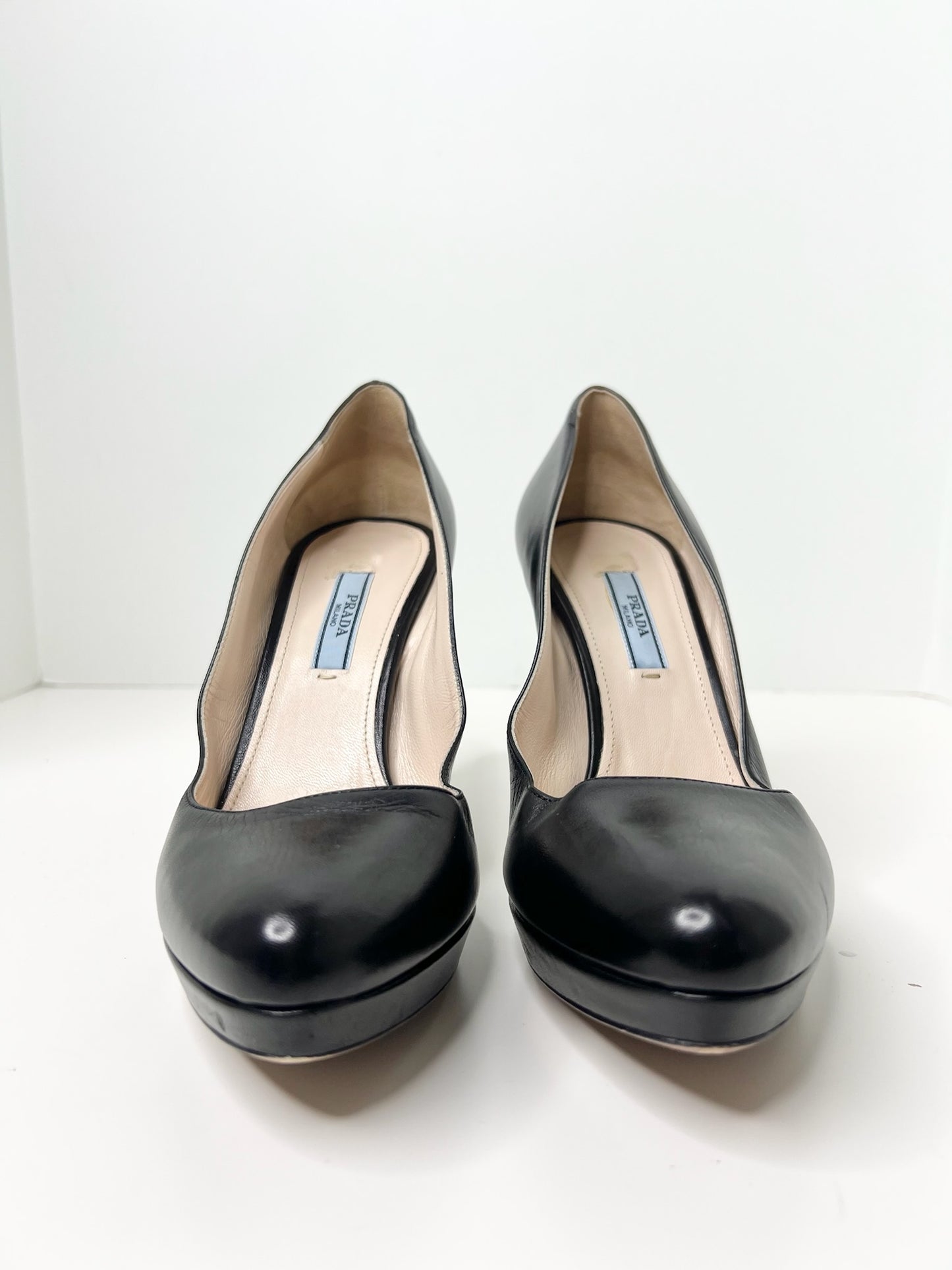 Prada Black Leather Platform Pumps, Size 38