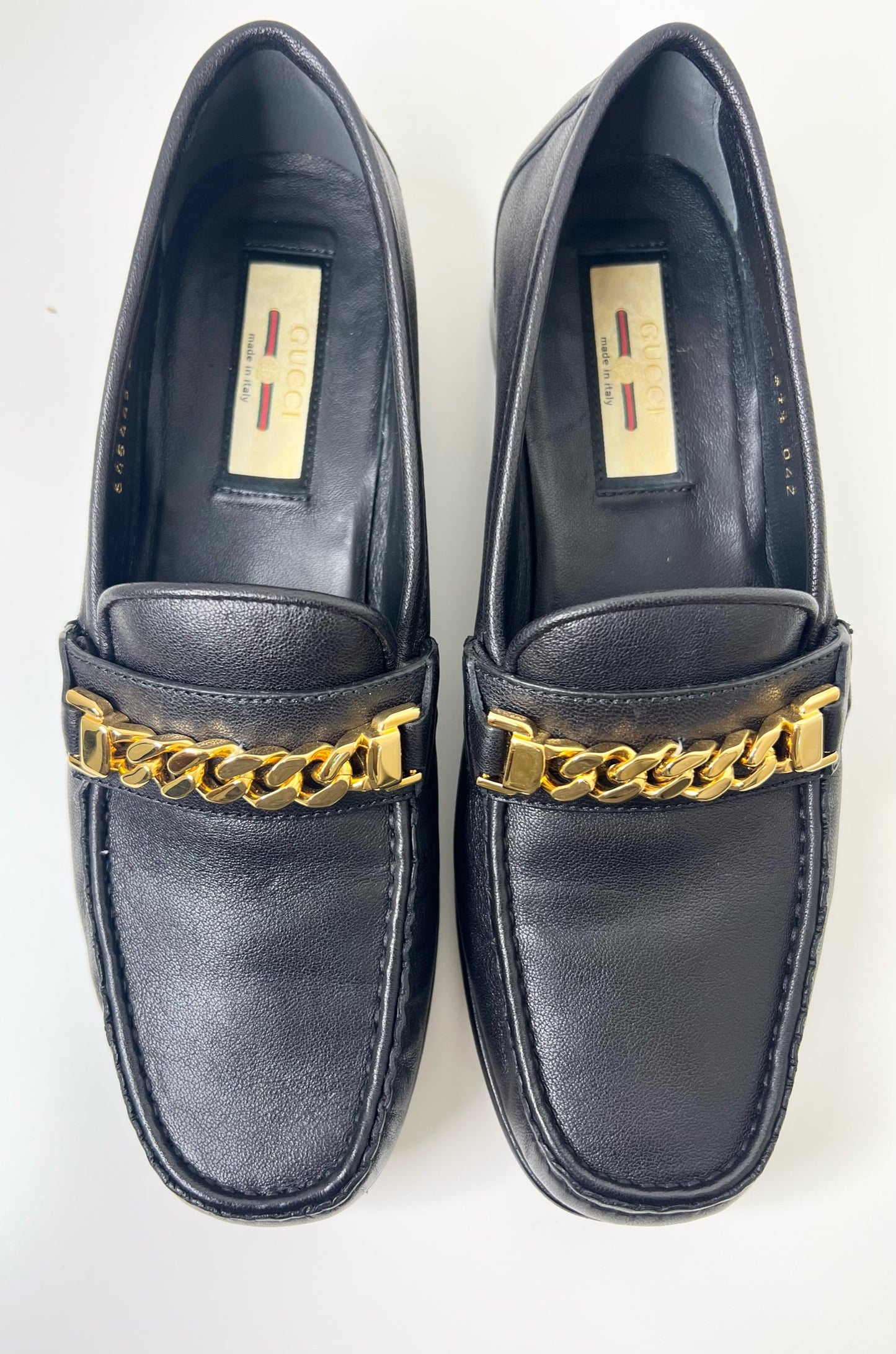 Gucci Sylvie Black Leather Loafers with Gold Chain, Size 37.5