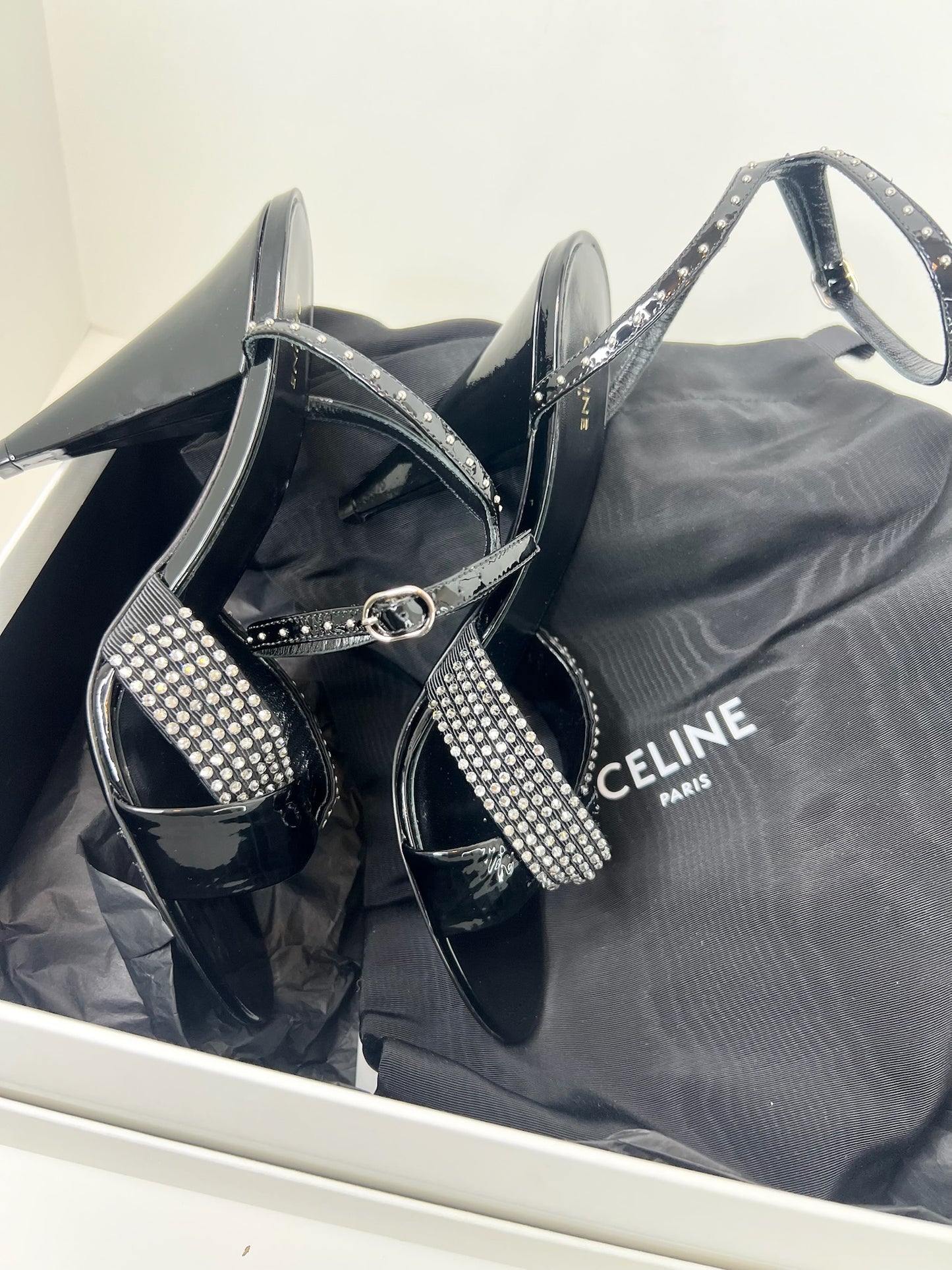 NWT! Celine Edwige Patent Leather Crystal Embellished Sandals, Size 37.5