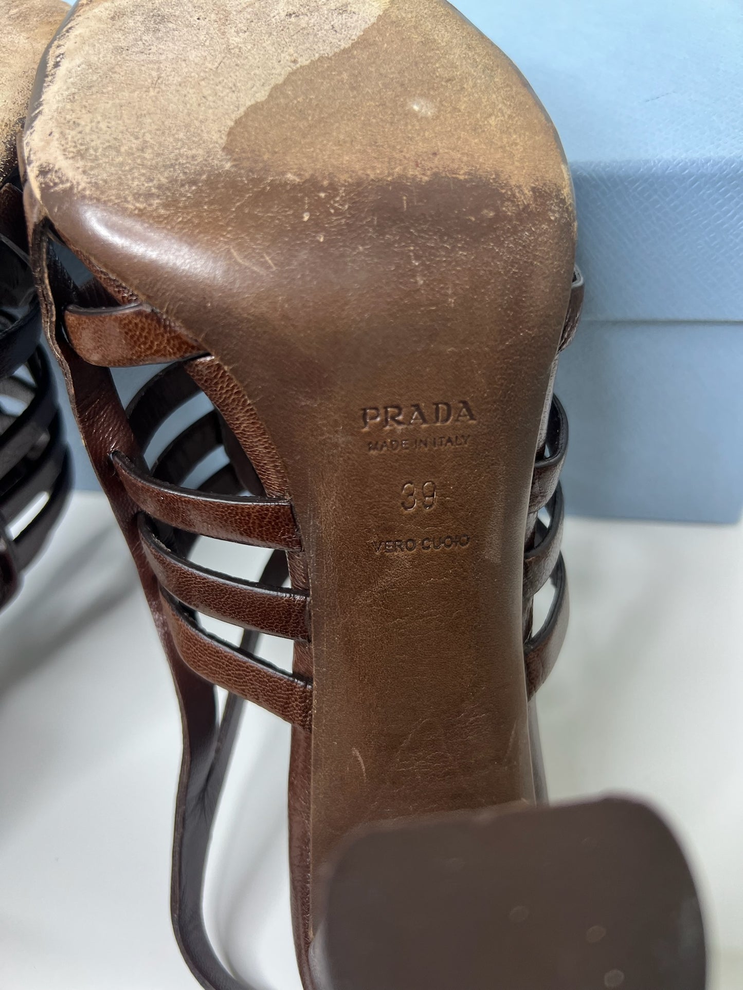 Prada Brown Leather Strappy Slingback Sandals, Size 39