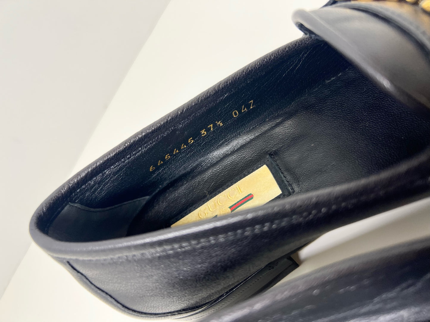 Gucci Sylvie Black Leather Loafers with Gold Chain, Size 37.5