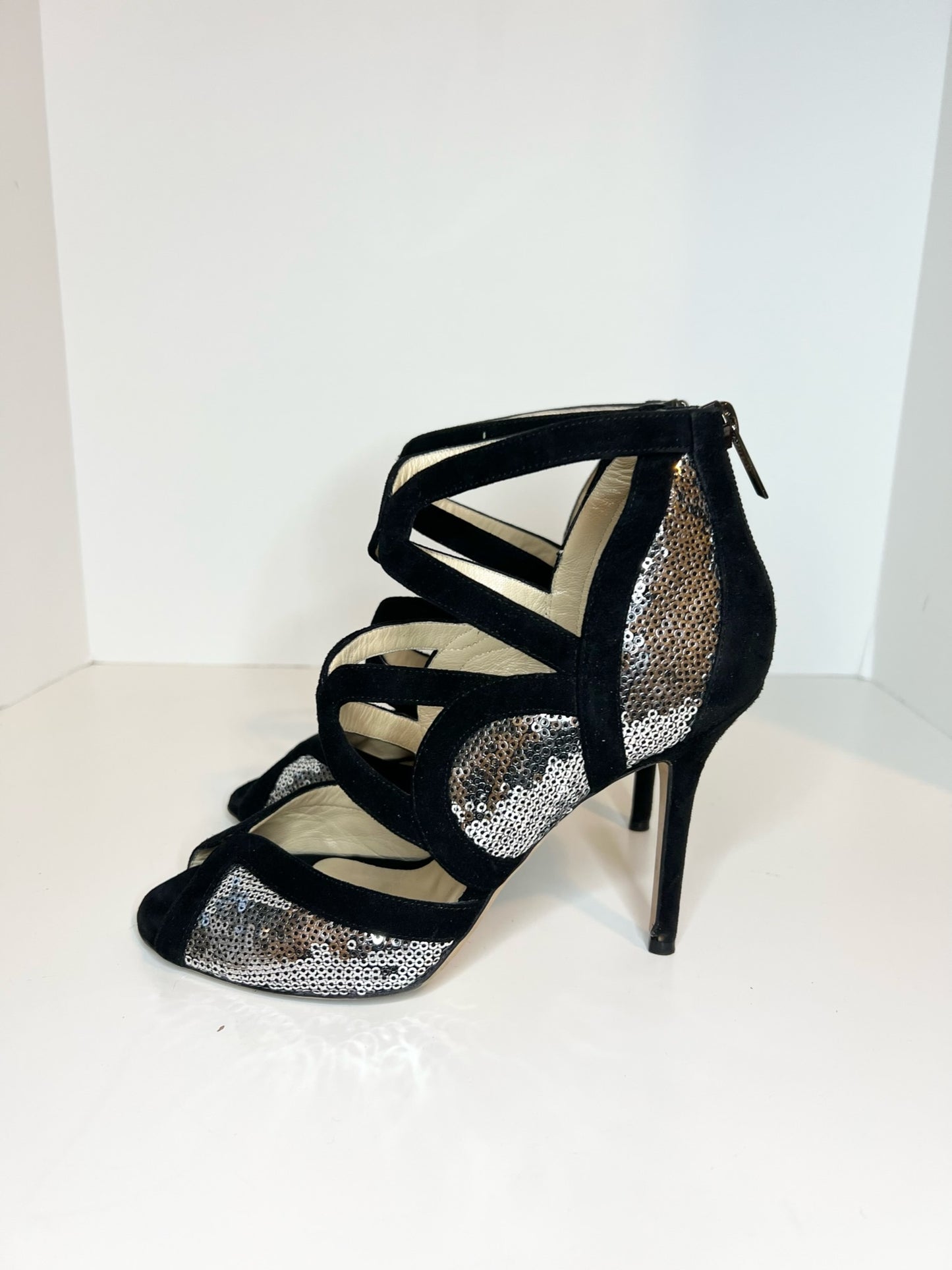 Jimmy Choo Tempest Silver Sequin w/ Black Suede Sandal, Size 37