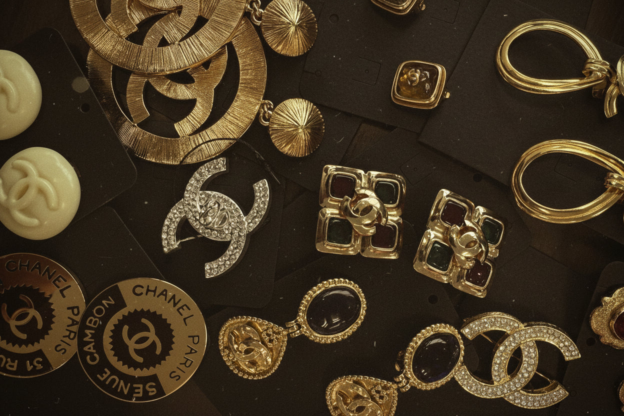 Translation missing: en.A collection of vintage Chanel jewelry pieces, including gold-tone earrings, brooches, and a round Chanel Paris medallion, arranged on a black background