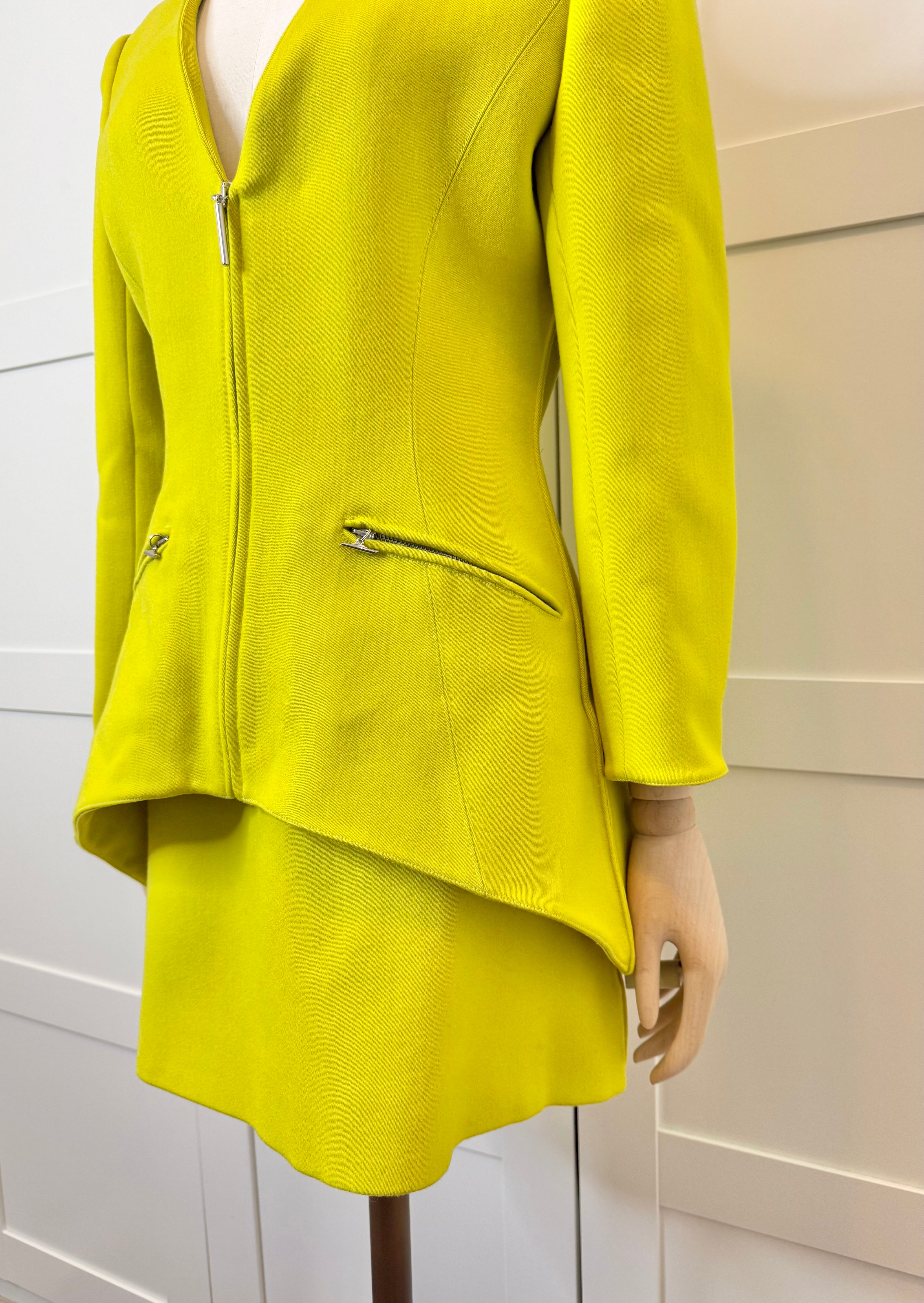 Claude Montana Chartreuse Wool Peplum Jacket & Skirt Set, Size 40/US 6