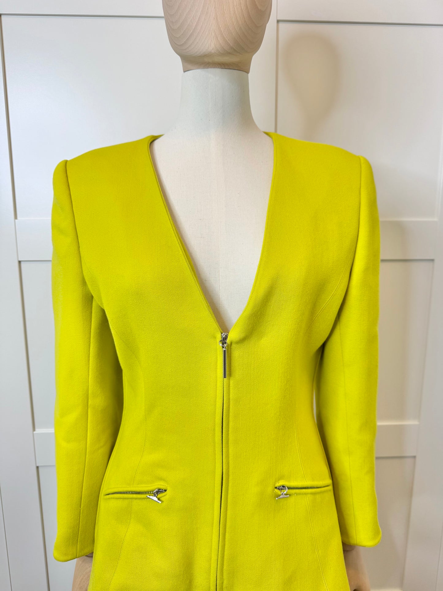 Claude Montana Chartreuse Wool Peplum Jacket & Skirt Set, Size 40/US 6