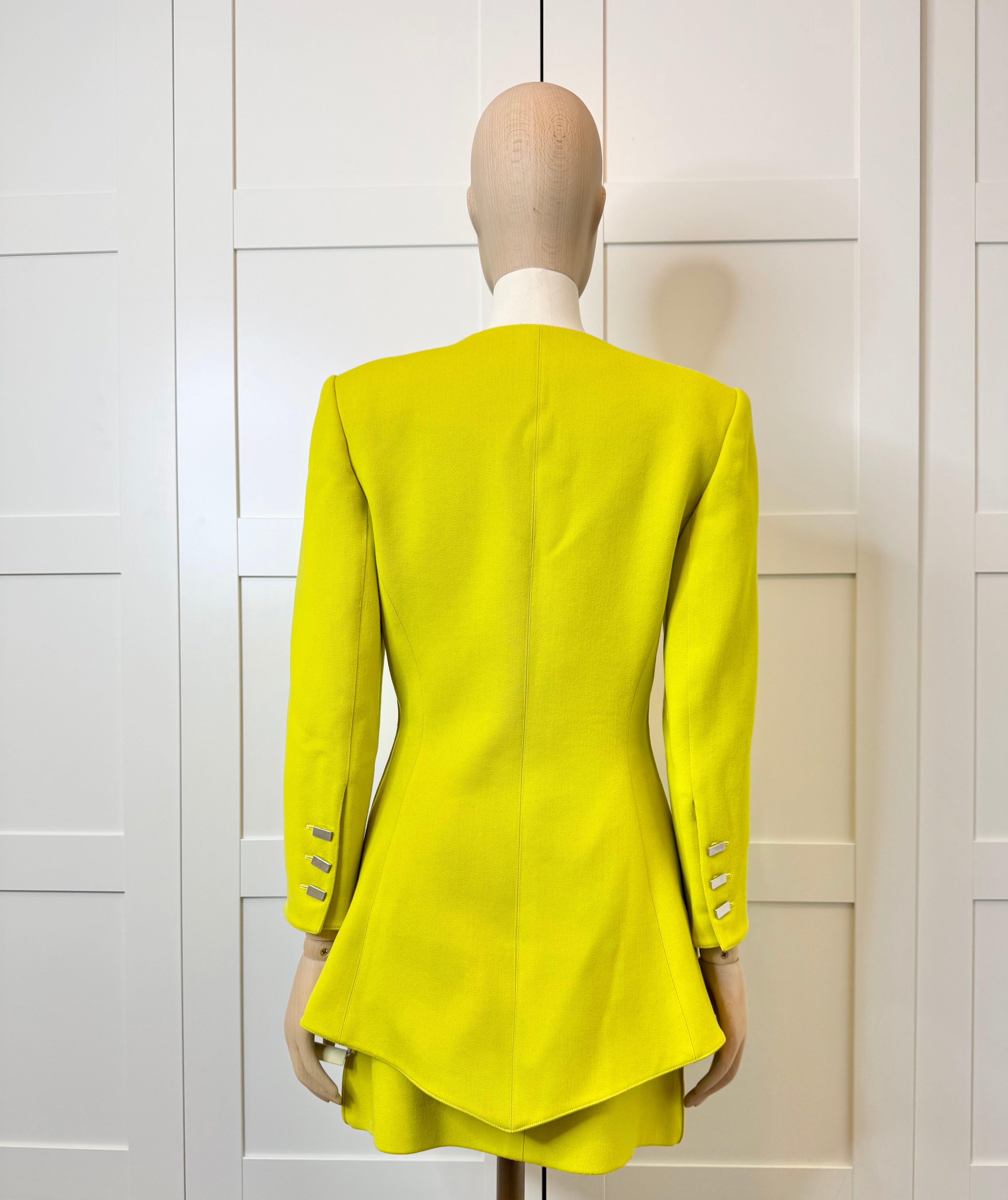 Claude Montana Chartreuse Wool Peplum Jacket & Skirt Set, Size 40/US 6