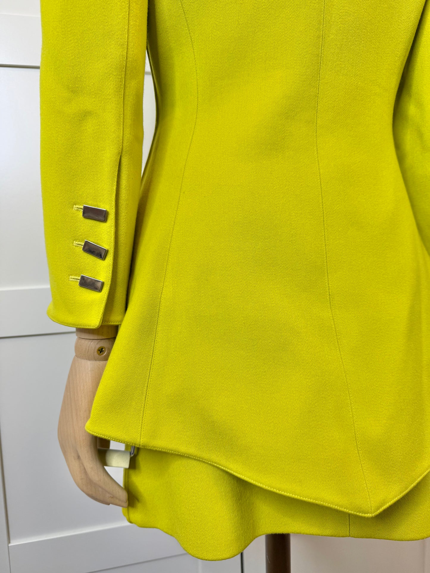 Claude Montana Chartreuse Wool Peplum Jacket & Skirt Set, Size 40/US 6
