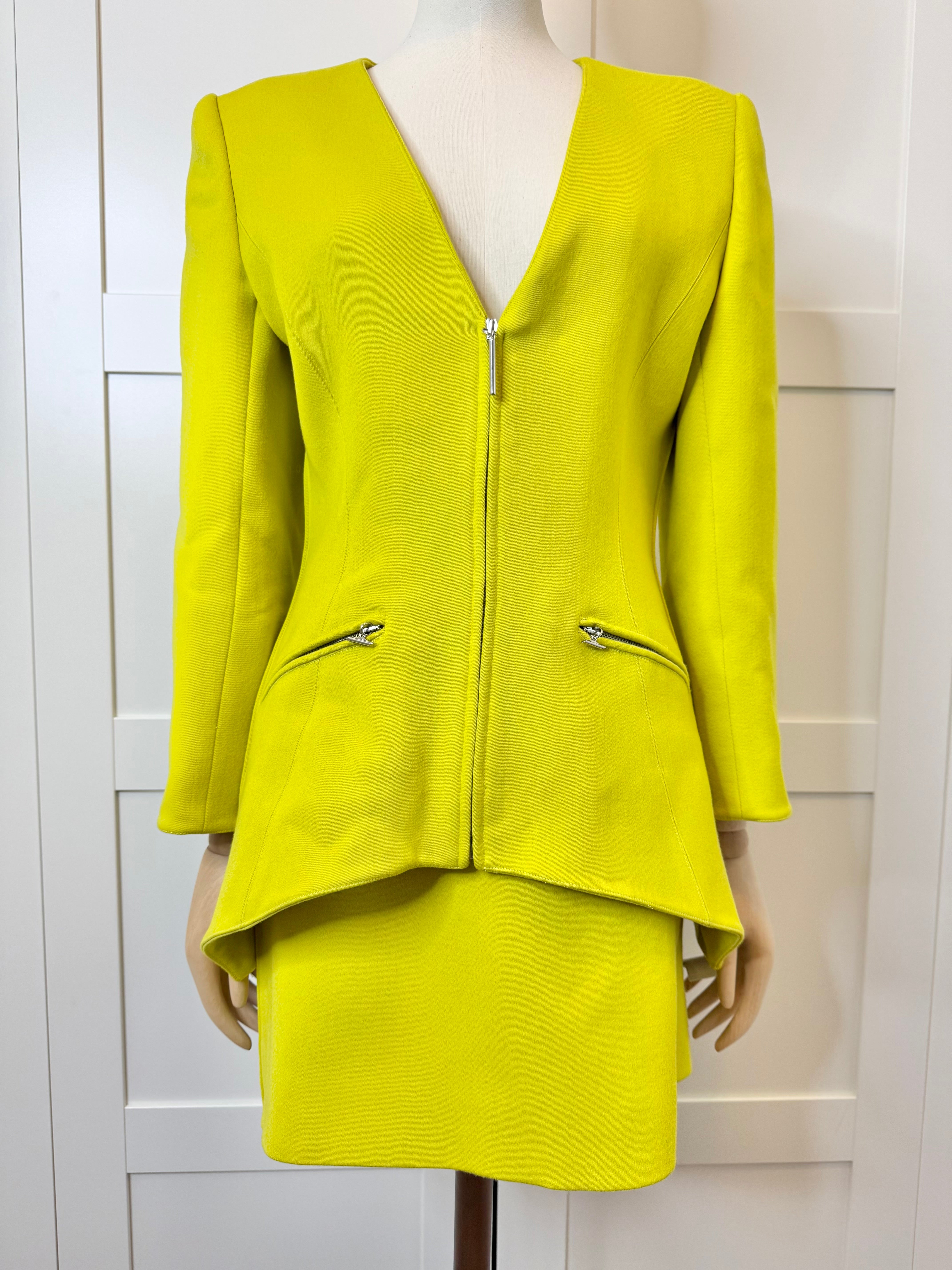 Claude Montana Chartreuse Wool Peplum Jacket & Skirt Set, Size 40/US 6