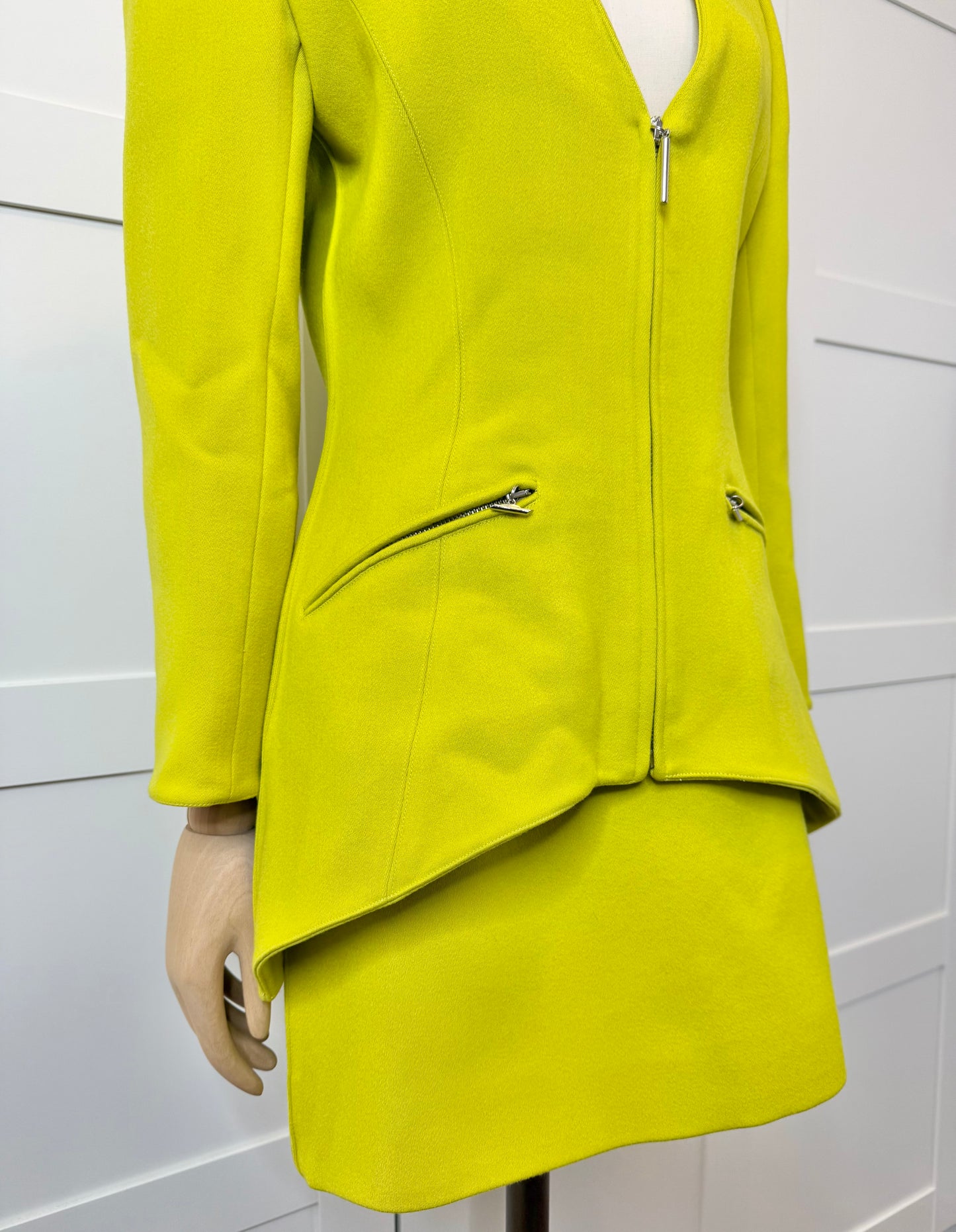 Claude Montana Chartreuse Wool Peplum Jacket & Skirt Set, Size 40/US 6