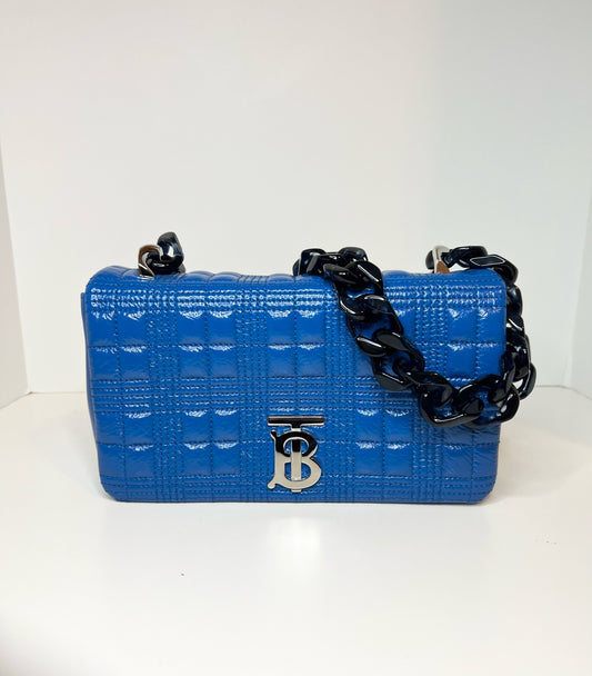 Burberry Patent Resin Chain Small Lola Bag in Blue