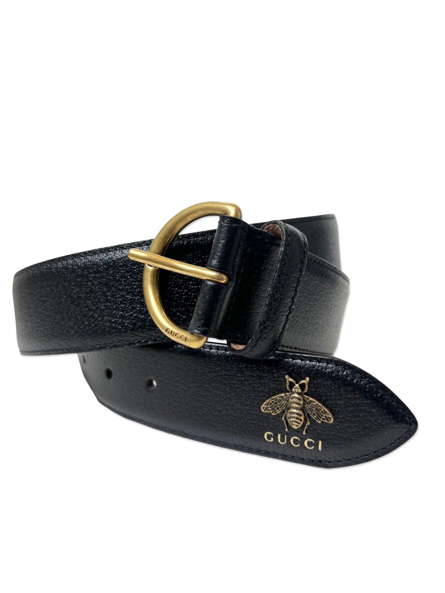 Gucci Black Leather Bee Accent Belt, Size 100