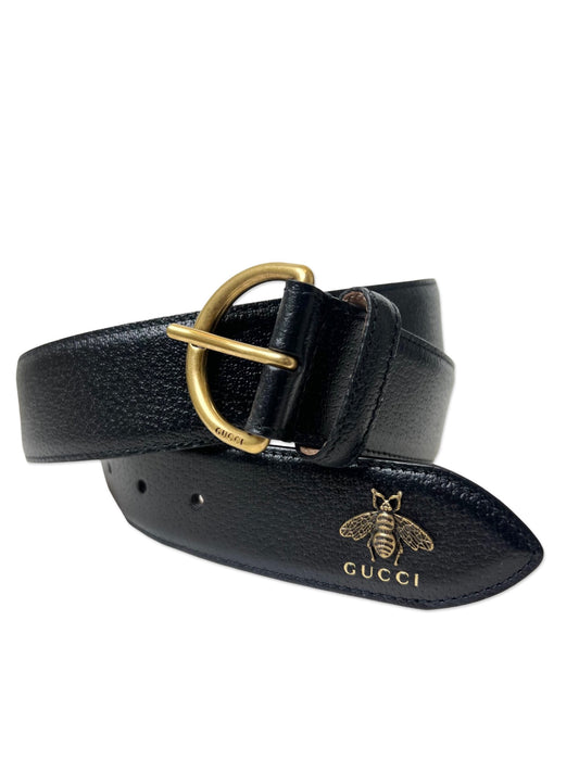 Gucci Black Leather Bee Accent Belt, Size 100