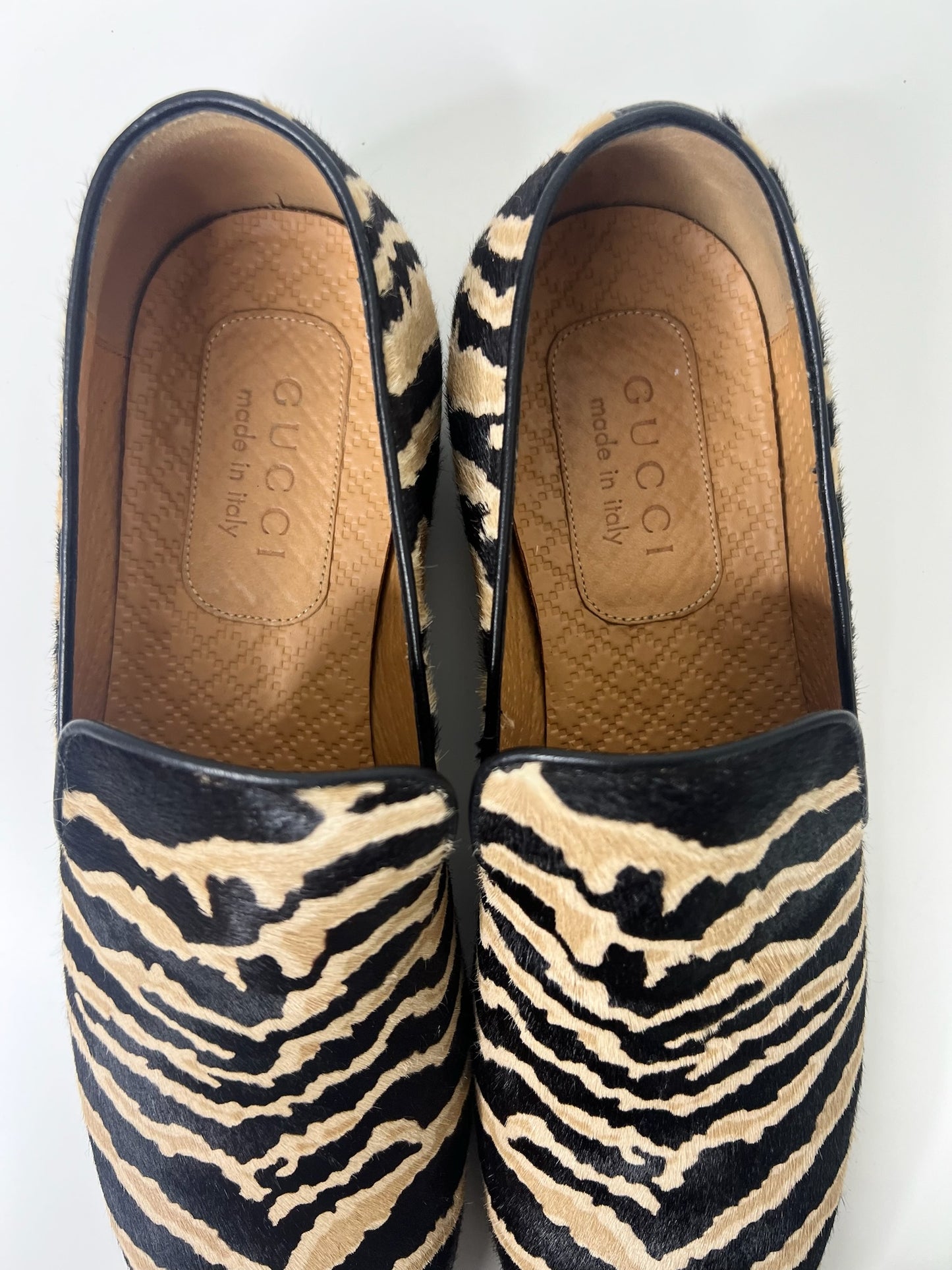 Gucci Pony Hair Black & Tan Zebra Print Loafers, Size 7