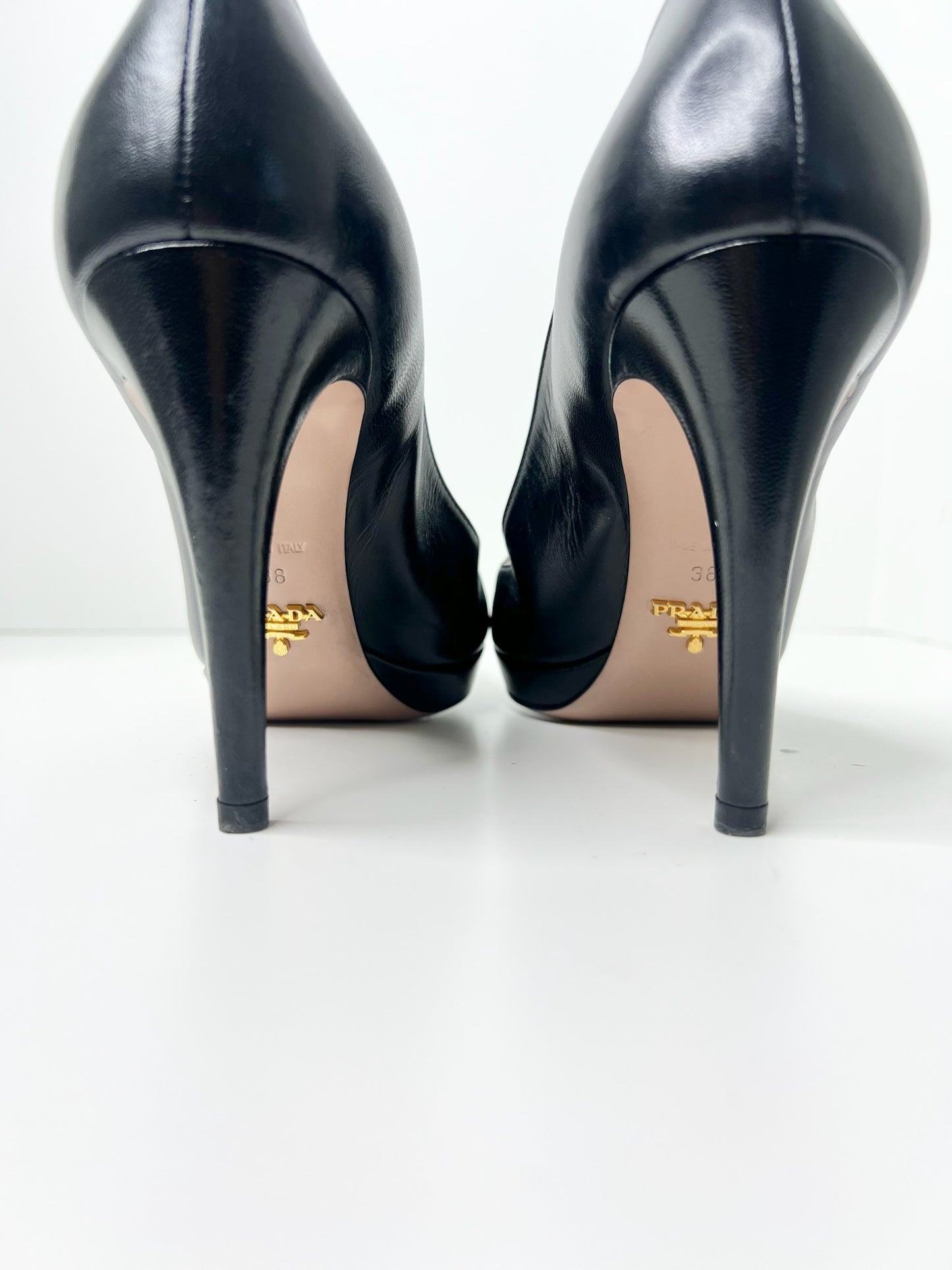 Prada Black Leather Platform Pumps, Size 38