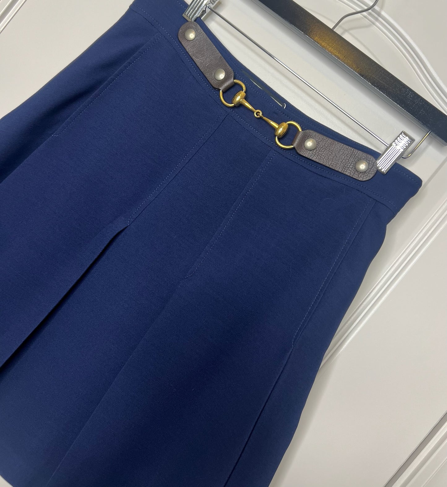 NWT! Gucci Horsebit Pleated Skirt Navy Silk-Wool, Size 46