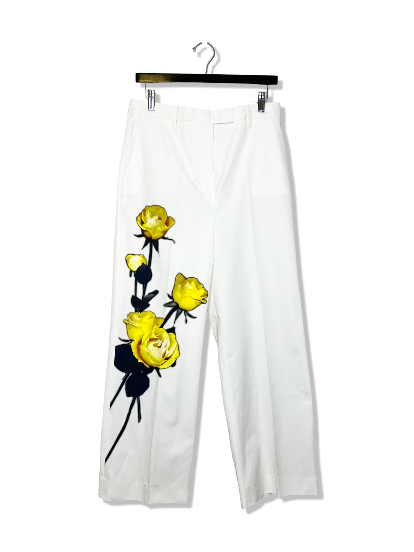 Prada Floral Print Cotton Poplin Straight Leg Trouser in White, Size 40