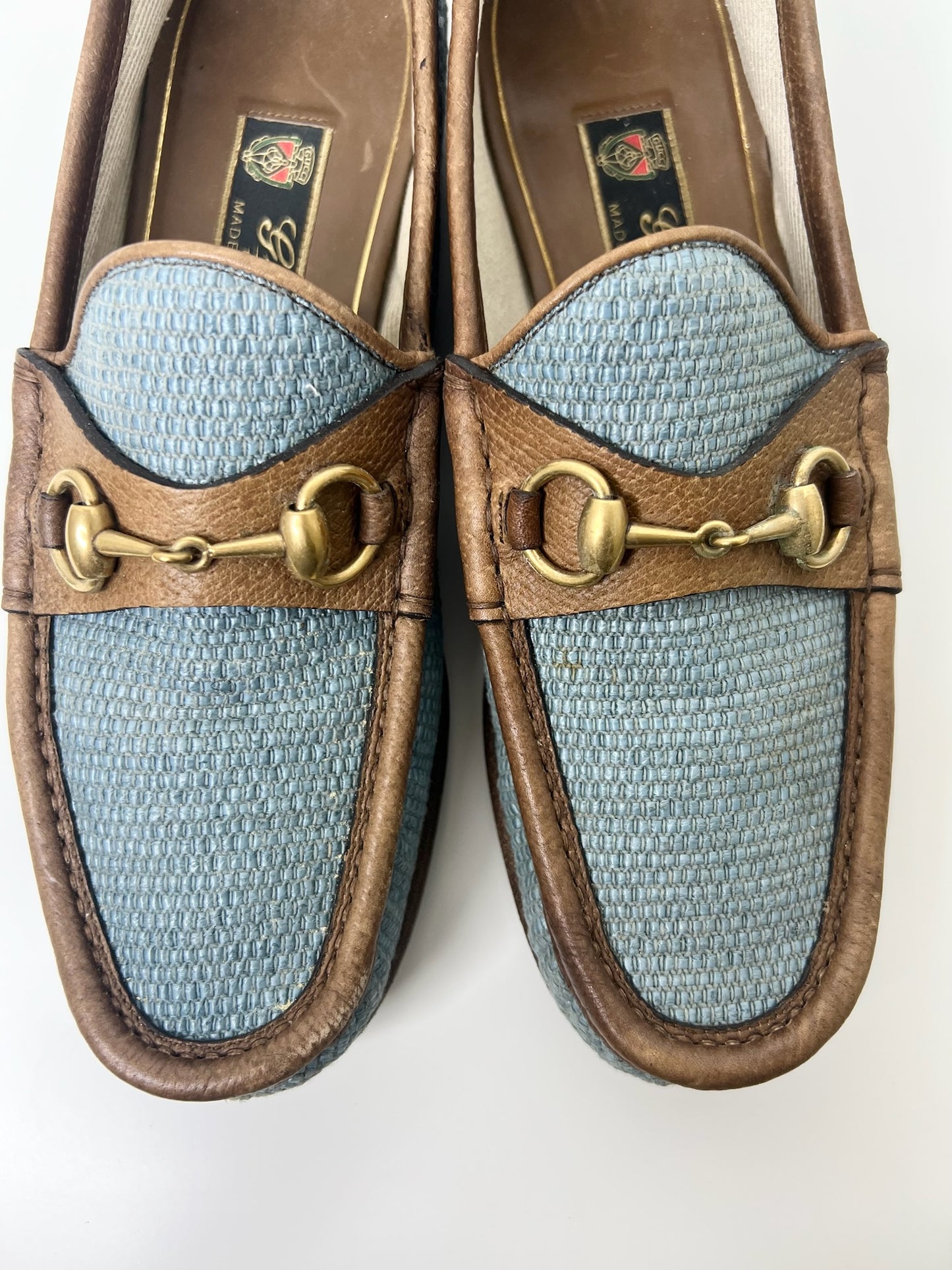 Gucci Horsebit Raffia Blue Loafers, Size 7