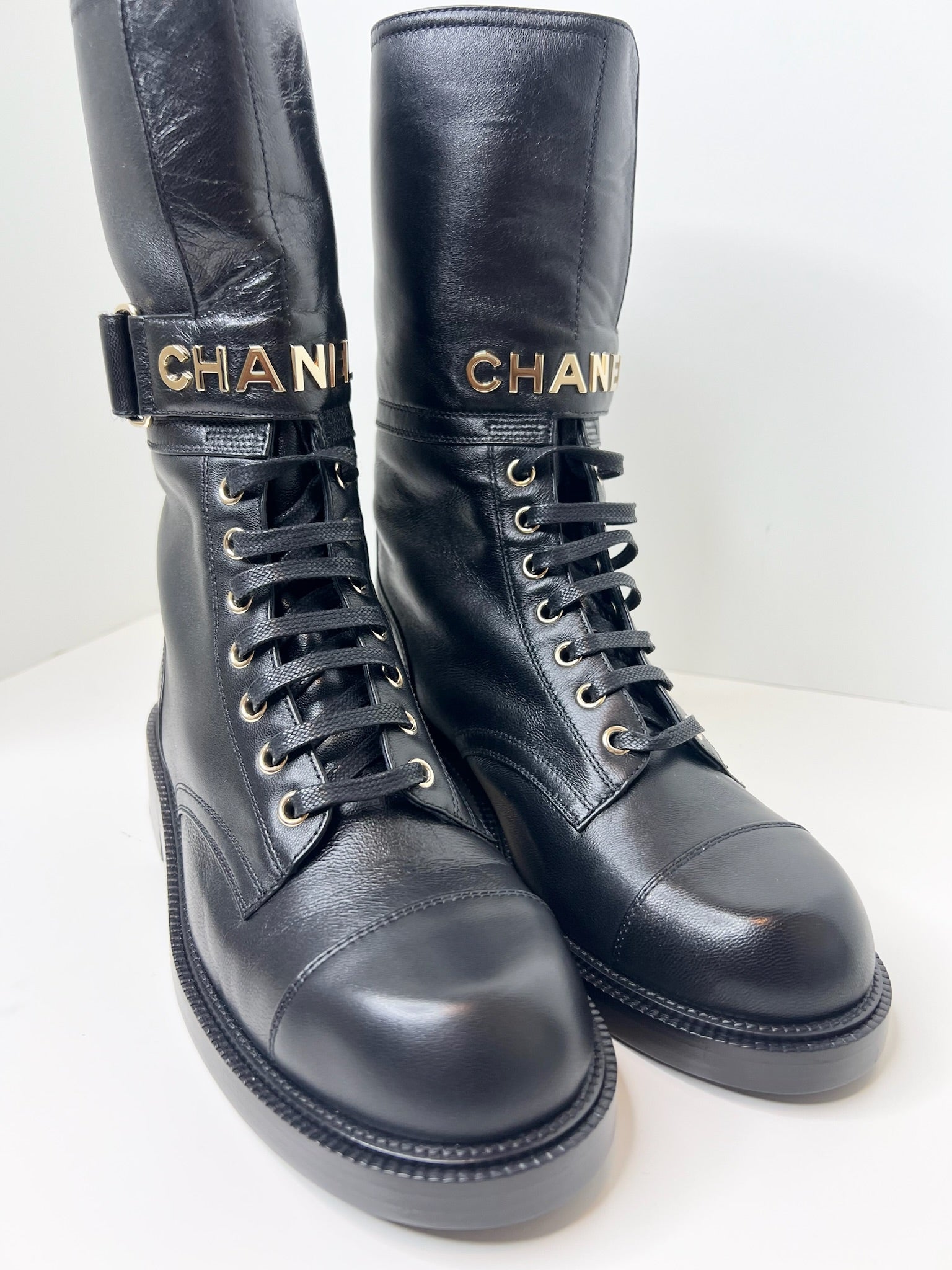 NWT Chanel Lambskin Calfskin Lace Up Combat Boots Black Size 37.5 MoMosCloset