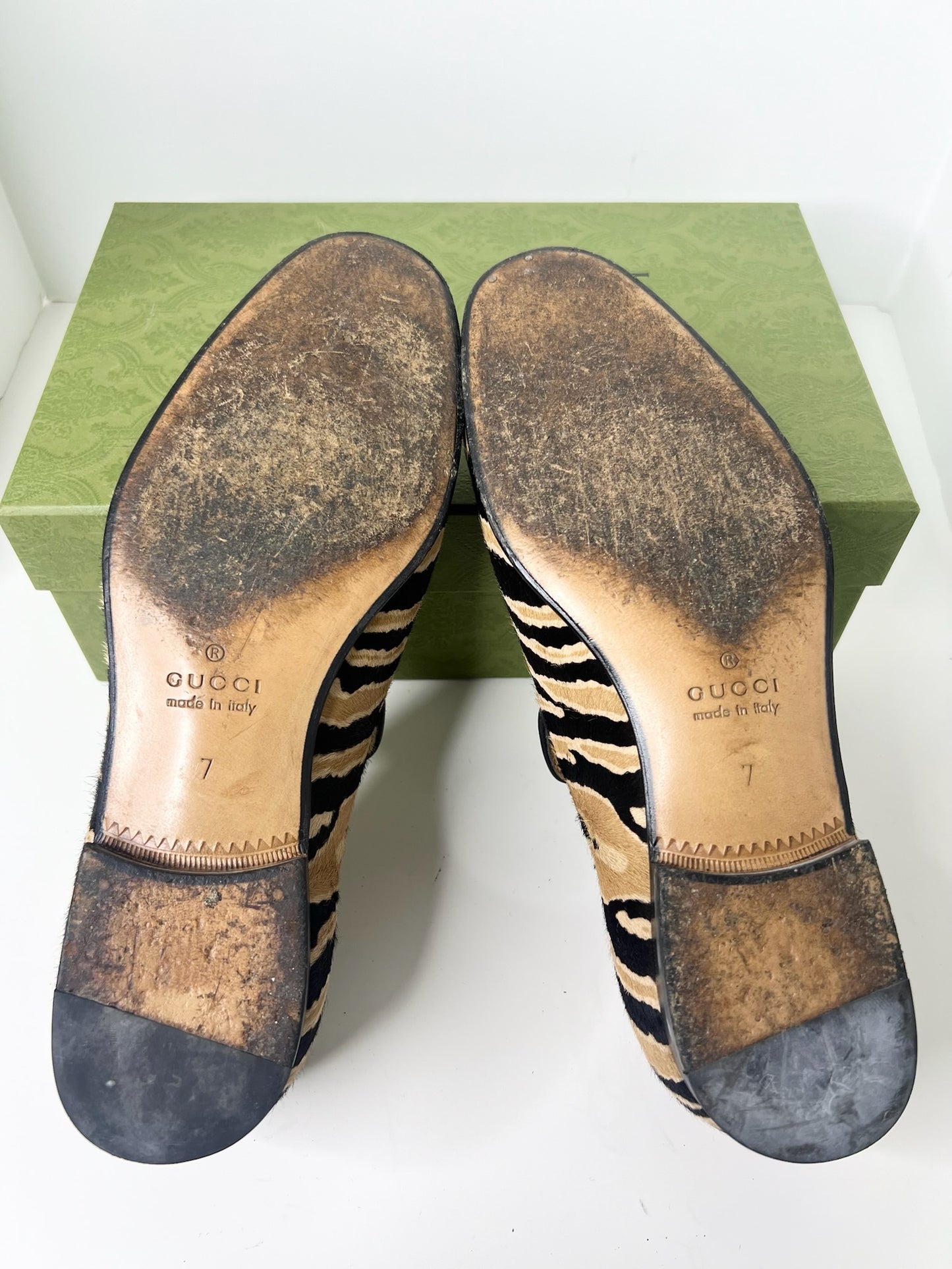 Gucci Pony Hair Black & Tan Zebra Print Loafers, Size 7