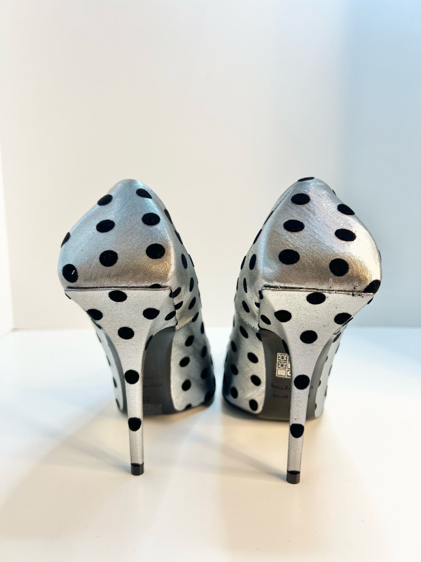 NWT Balenciaga Square Knife Polka-dot Flocked Lamé in Silver, Size 37