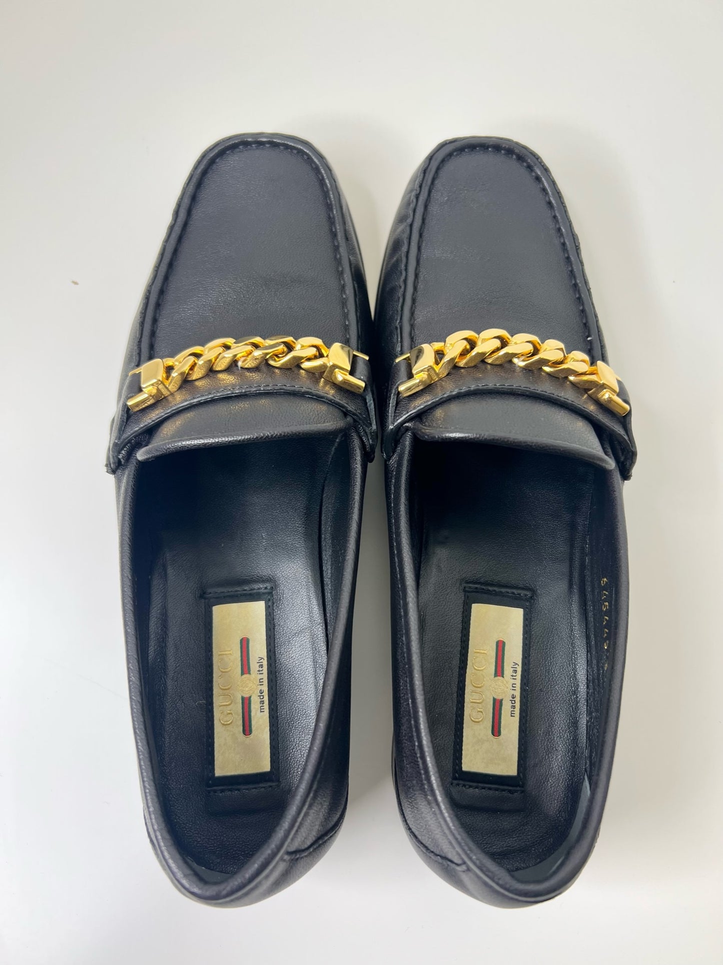 Gucci Sylvie Black Leather Loafers with Gold Chain, Size 37.5