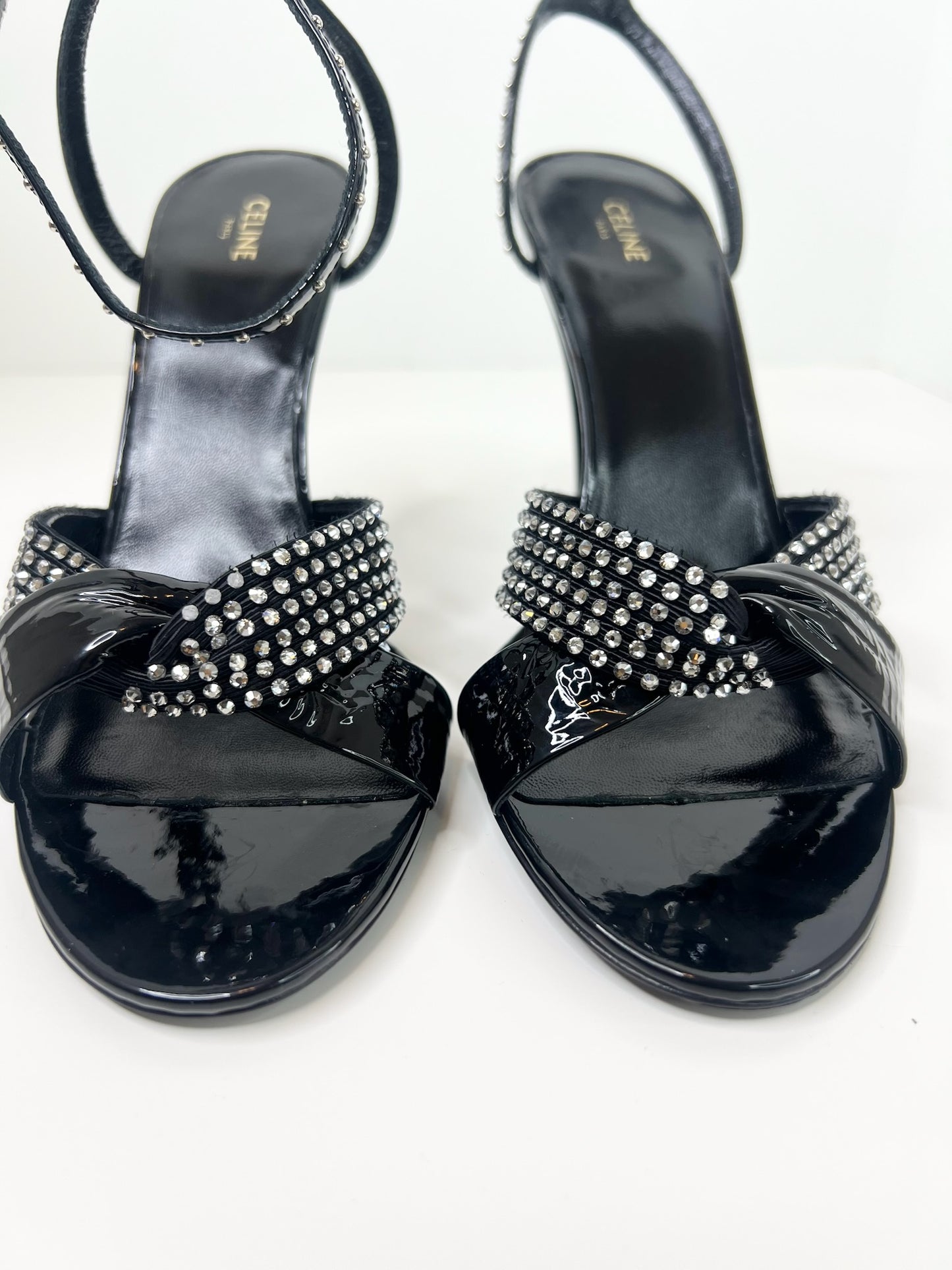 NWT! Celine Edwige Patent Leather Crystal Embellished Sandals, Size 37.5