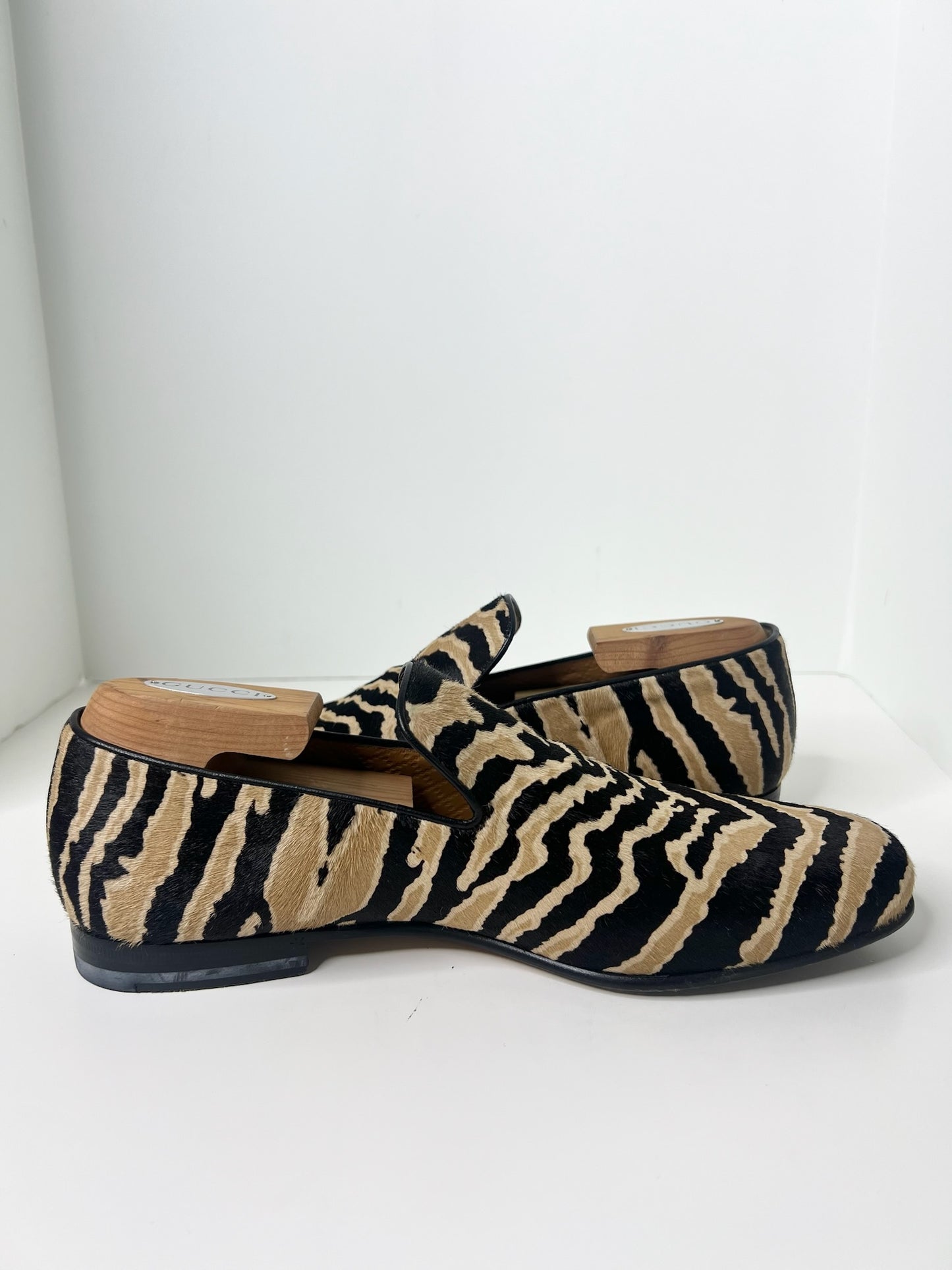 Gucci Pony Hair Black & Tan Zebra Print Loafers, Size 7